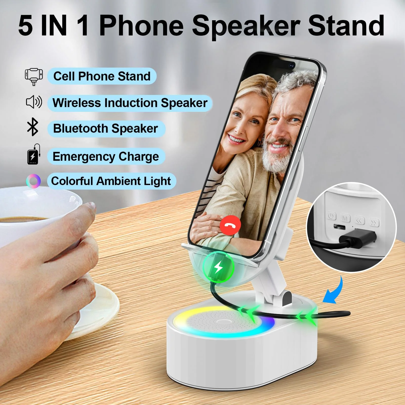 Wireless Induction Audio Bluetooth Speaker 5in1 Phone Holder Emergency Rechargeable (3000mAh) with Colorful Ambient Light 300° Foldable for Tablet iPhone Android, Gifts for Men Women (White) White - Image 3