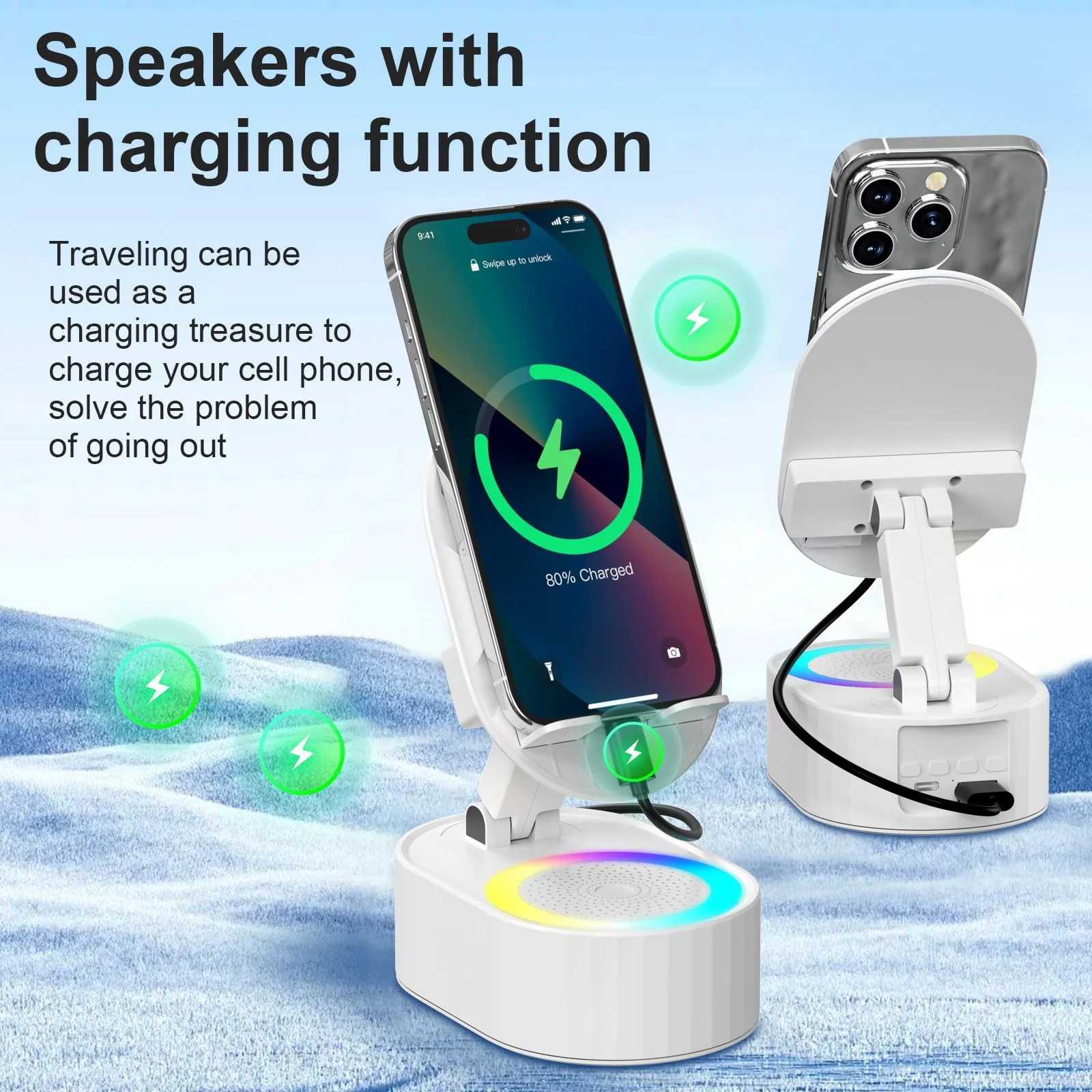 Wireless Induction Audio Bluetooth Speaker 5in1 Phone Holder Emergency Rechargeable (3000mAh) with Colorful Ambient Light 300° Foldable for Tablet iPhone Android, Gifts for Men Women (White) White - Image 4