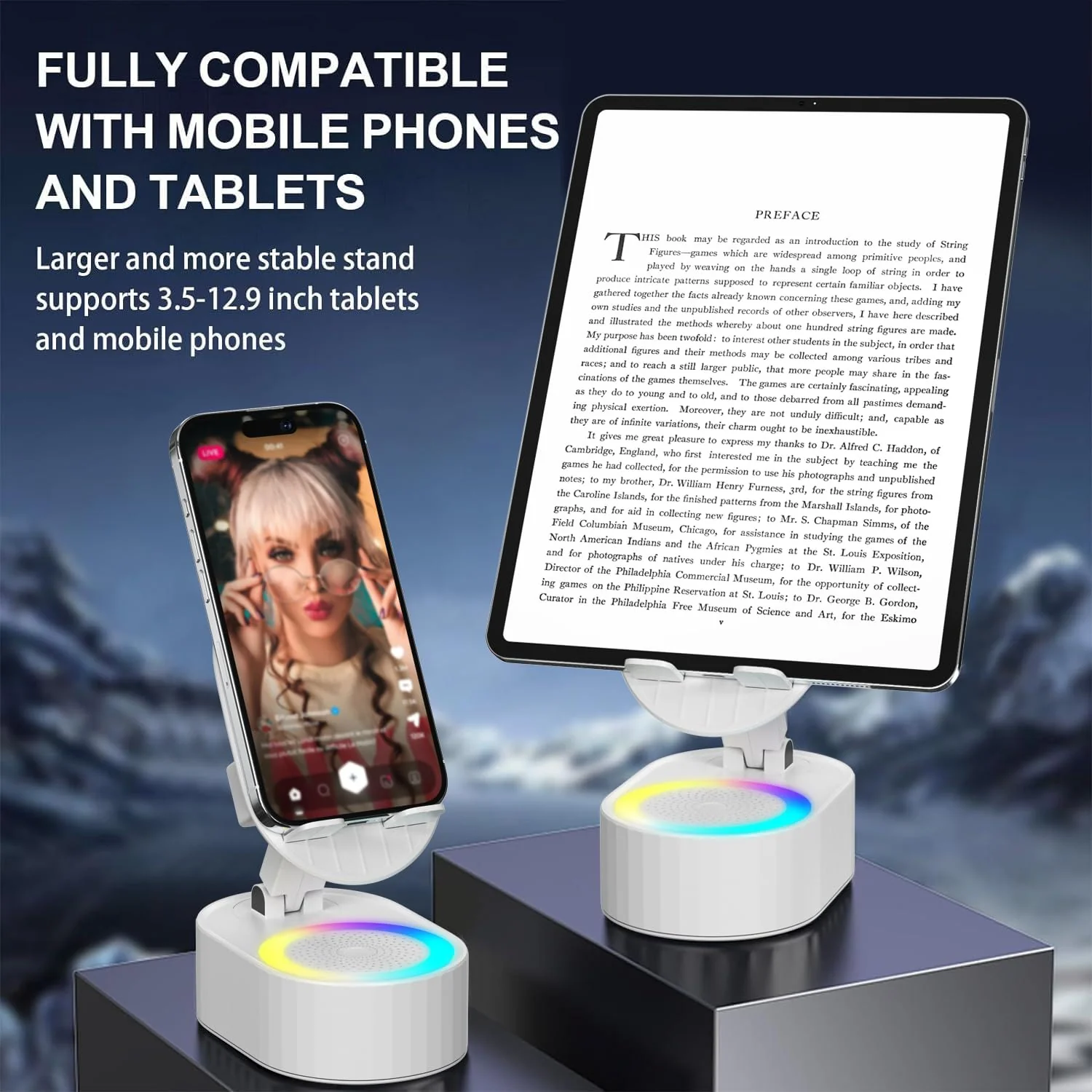 Wireless Induction Audio Bluetooth Speaker 5in1 Phone Holder Emergency Rechargeable (3000mAh) with Colorful Ambient Light 300° Foldable for Tablet iPhone Android, Gifts for Men Women (White) White - Image 5