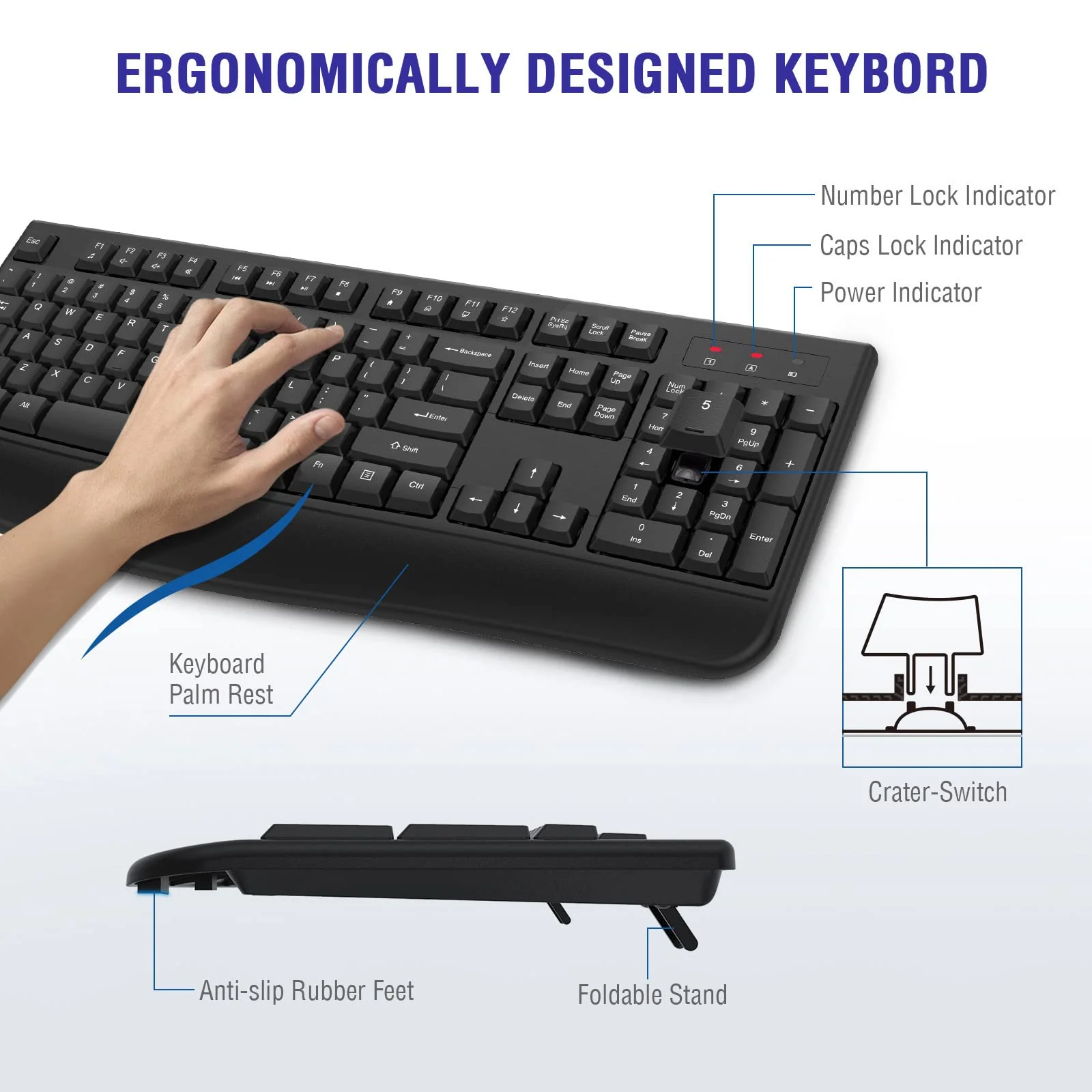 Wireless Keyboard, 2.4G Full-Sized Ergonomic Wireless Computer Keyboard with Wrist Rest for Windows, Mac OS Laptop/PC/Desktop/Notebook(Black) Black - Image 3