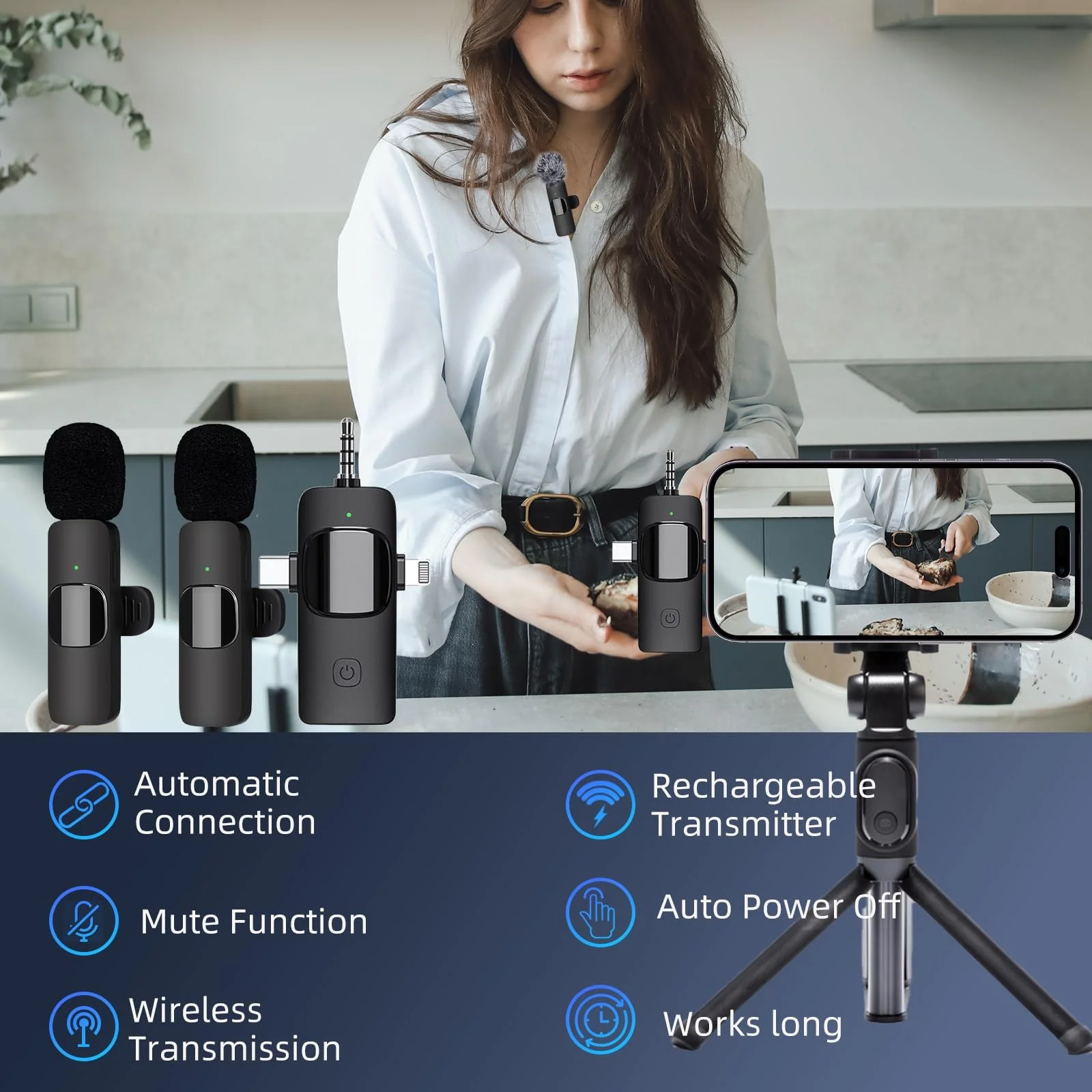 Wireless Lavalier Microphone 2 PC, Lapel Microphone for iPhone Android Camera Plug-Play，Professional Noise Reduction Recording Clip Mic for Creator Interview YouTube Interview TikTok Vlog - Image 2