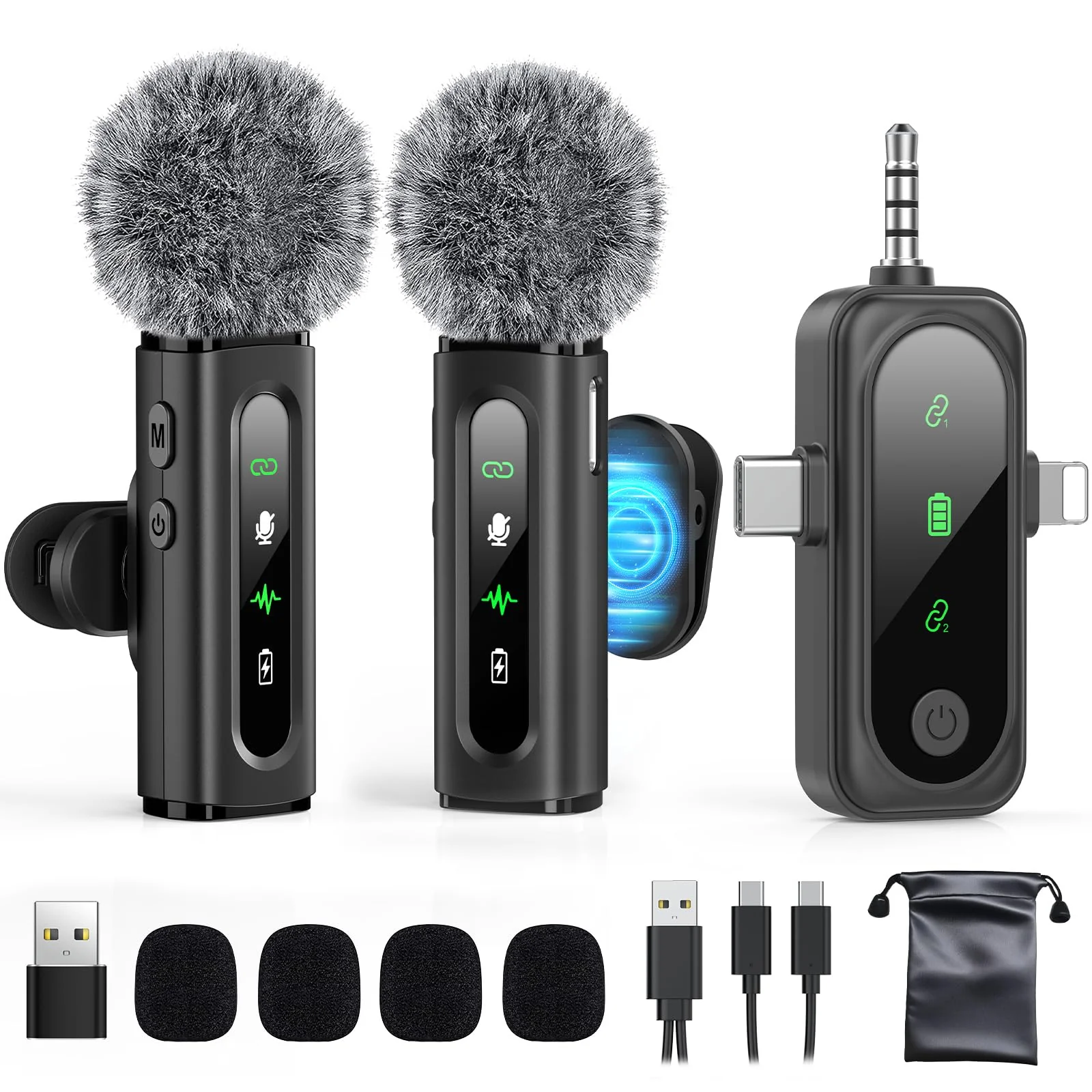 Wireless Lavalier Microphone for iPhone, Android, USB C, PC, Camera Video Recording 4 in 1 Clip-on Mics with Rotatable Clip&Denoise Recording, for Vlog Tiktok YouTube Podcast Content Creator 3in1 Black3
