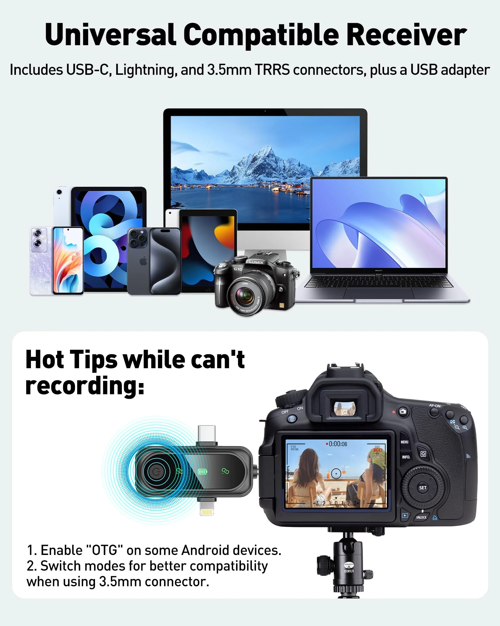 Wireless Lavalier Microphone for iPhone, Android, USB C, PC, Camera Video Recording 4 in 1 Clip-on Mics with Rotatable Clip&Denoise Recording, for Vlog Tiktok YouTube Podcast Content Creator 3in1 Black3 - Image 5