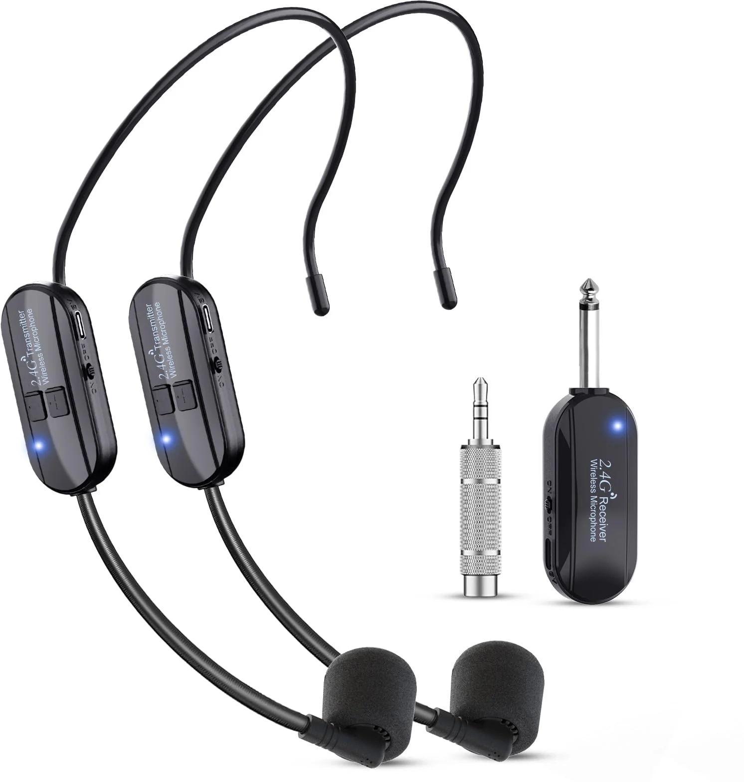 Wireless Microphone Headset Double Professional: Cordless Mic Head for Two People, Heads Handheld Mics 2 in 1- USB-C Rechargeable - 1/4'' and 1/8'' Plug for PA System, Voice Amplifier,Teaching,Fitness Black1
