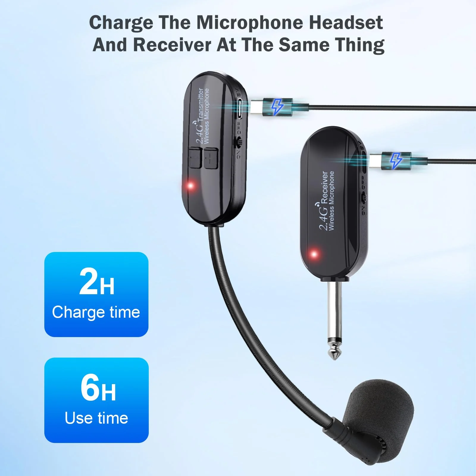Wireless Microphone Headset Double Professional: Cordless Mic Head for Two People, Heads Handheld Mics 2 in 1- USB-C Rechargeable - 1/4'' and 1/8'' Plug for PA System, Voice Amplifier,Teaching,Fitness Black1 - Image 6