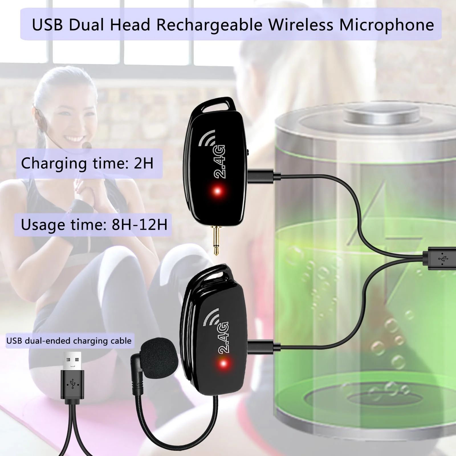 Wireless Microphone Headset Systems Cordless: 2.4G Wireless Professional Mics for 2 People - Head Mic and Handheld Mic 2 in 1 - for PA System,Voice Amplifier, Fitness Trainer, Teacher, Singer Black2 - Image 3