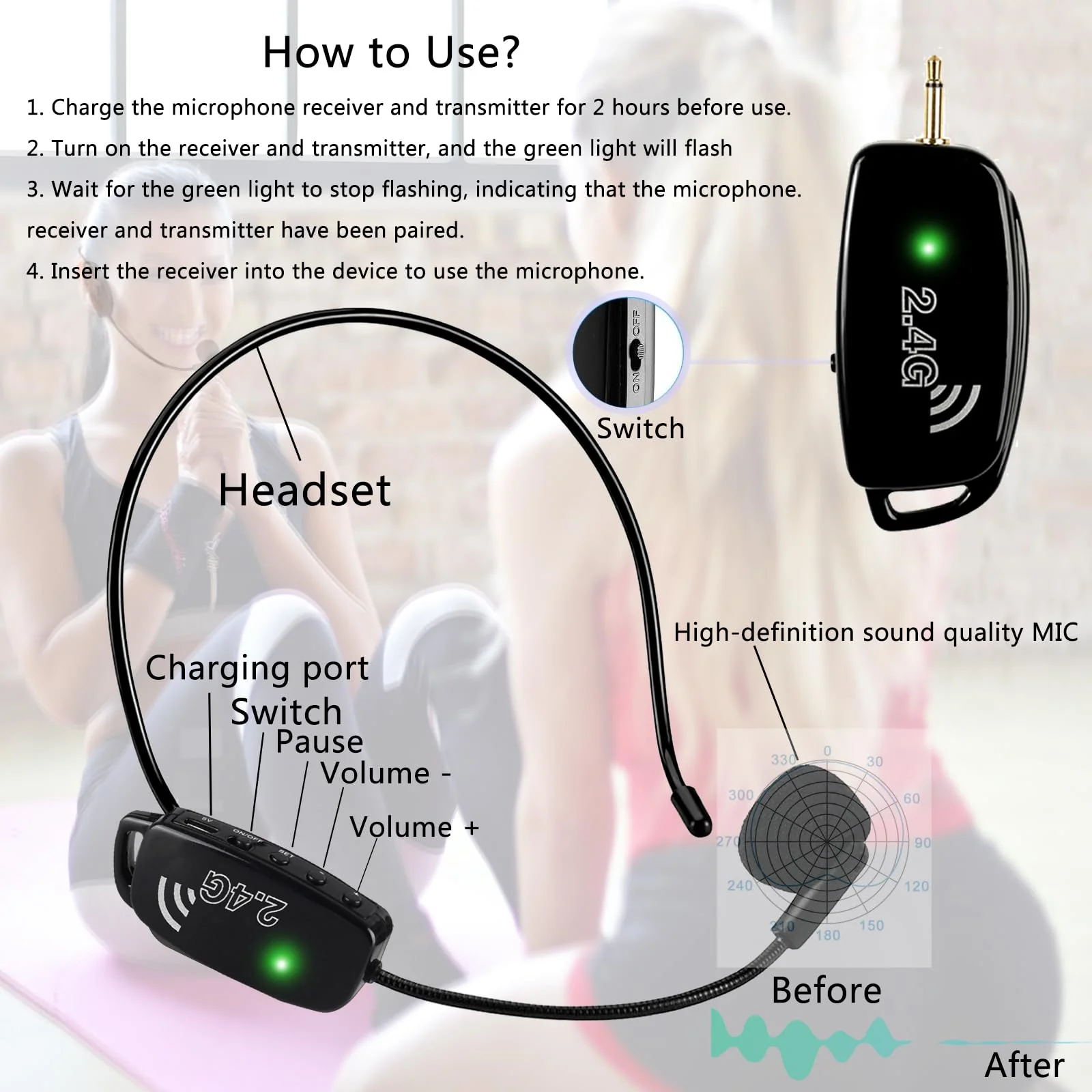 Wireless Microphone Headset Systems Cordless: 2.4G Wireless Professional Mics for 2 People - Head Mic and Handheld Mic 2 in 1 - for PA System,Voice Amplifier, Fitness Trainer, Teacher, Singer Black2 - Image 5