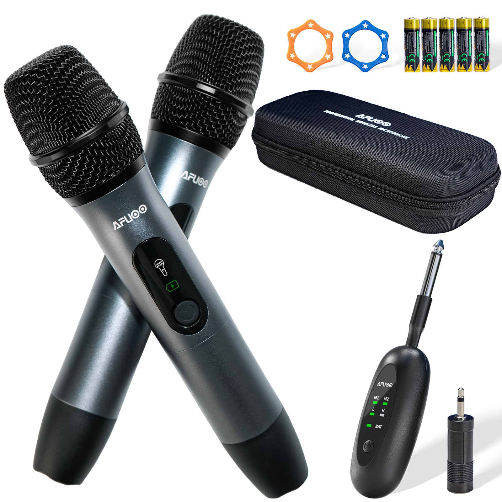Wireless Microphone Set for Singing, Karaoke & Events, Dual-Mic Receiver, Storage Case Included, Handheld Metal Cordless Mic 2 Pack for Karaoke Machines, PA Systems, Amplifier, Gray