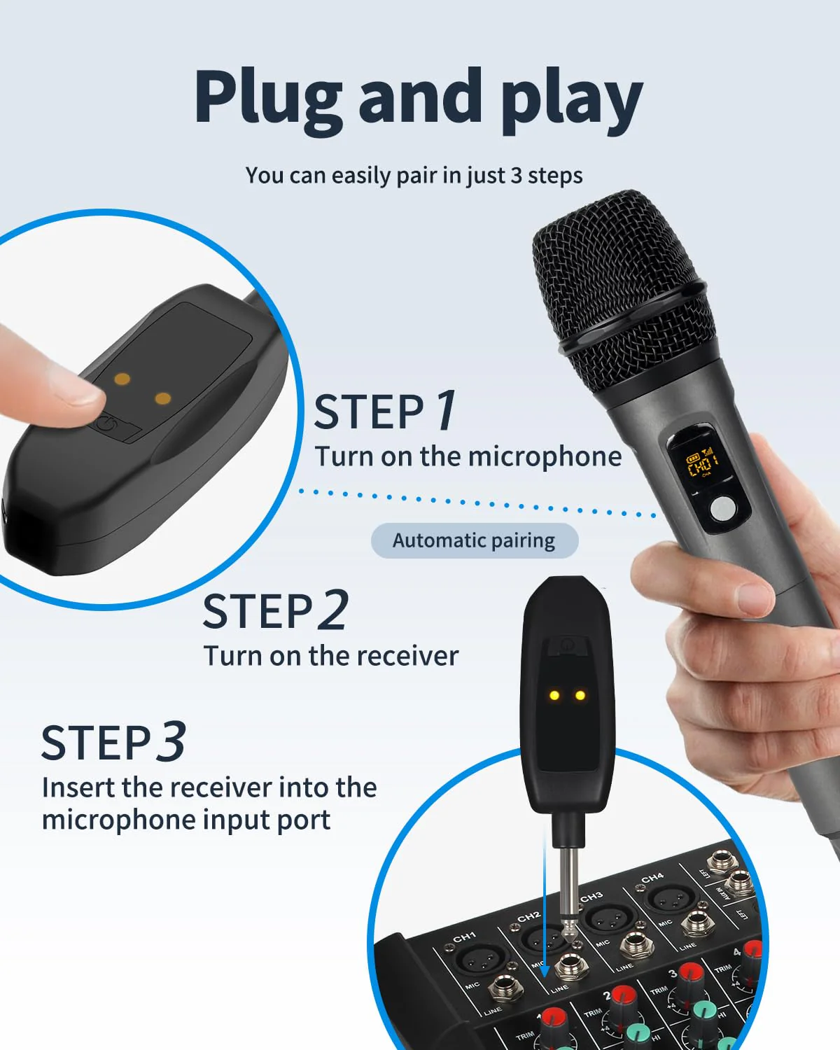 Wireless Microphone System, Dual Cordless Mics with 2.4GHz Signal, Rechargeable Plug & Play Dynamic Microphones for Karaoke, Church, Wedding, Speech, 250ft Range - Image 3