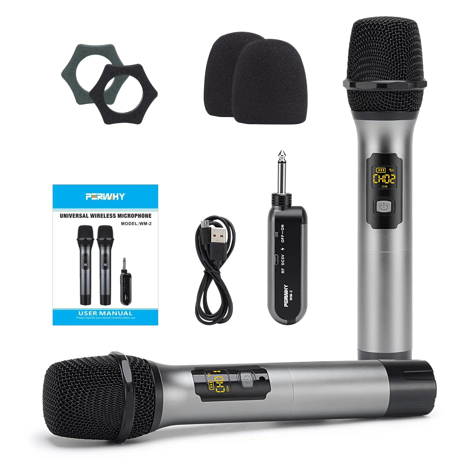Wireless Microphone System, UHF All Metal Cordless Dual Handheld Dynamic Mic Set with Rechargeable Receiver, for Karaoke Party, Amplifier, PA System, Singing Machine, Church, Wedding, 200ft - Image 9