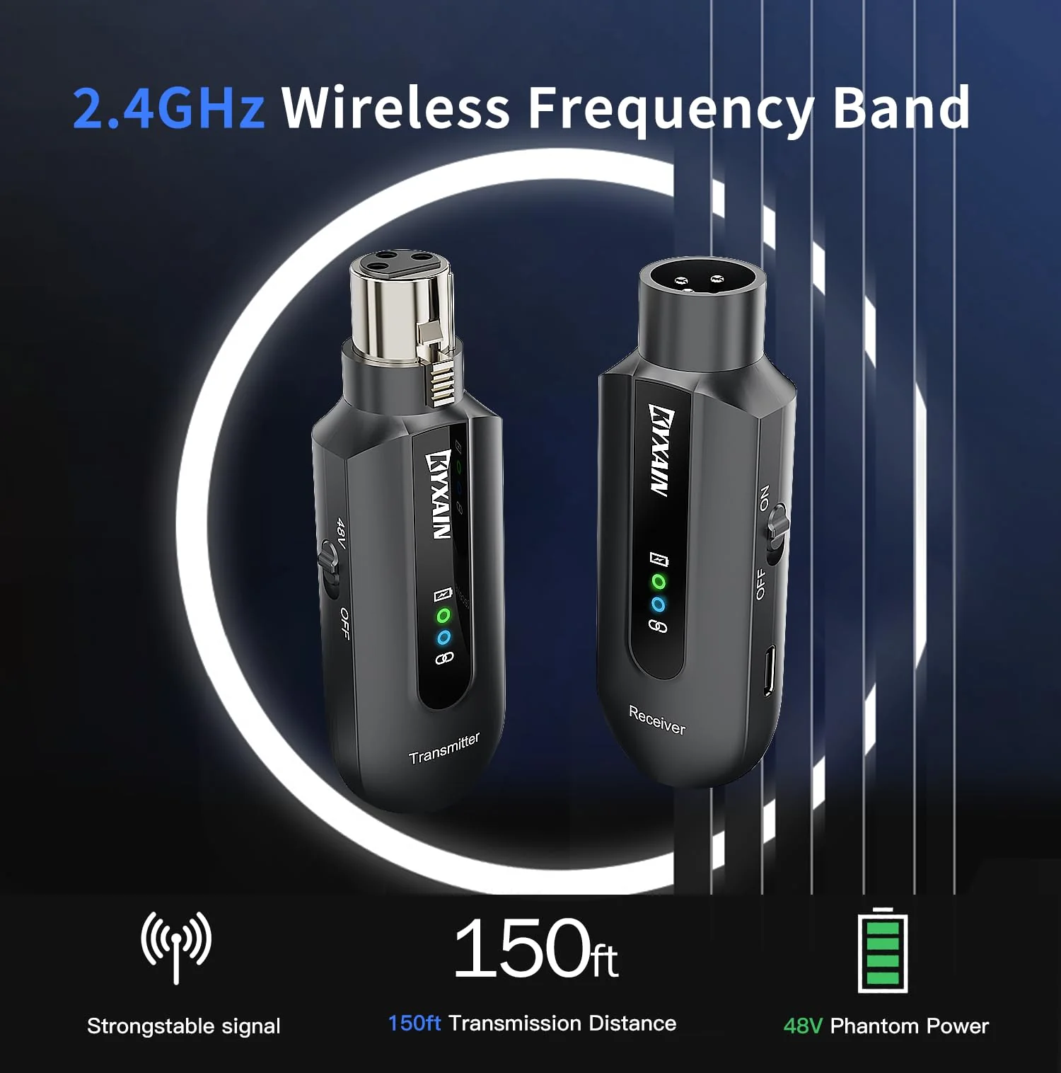 Wireless Microphone Transmitter Receiver 2.4GHz, Wireless Microphone Adapter Rechargeable XLR Transmitter Receiver for Mixer PA Speaker DSLR Camera, 48V Phantom Power for Condenser Mic Black - Image 7