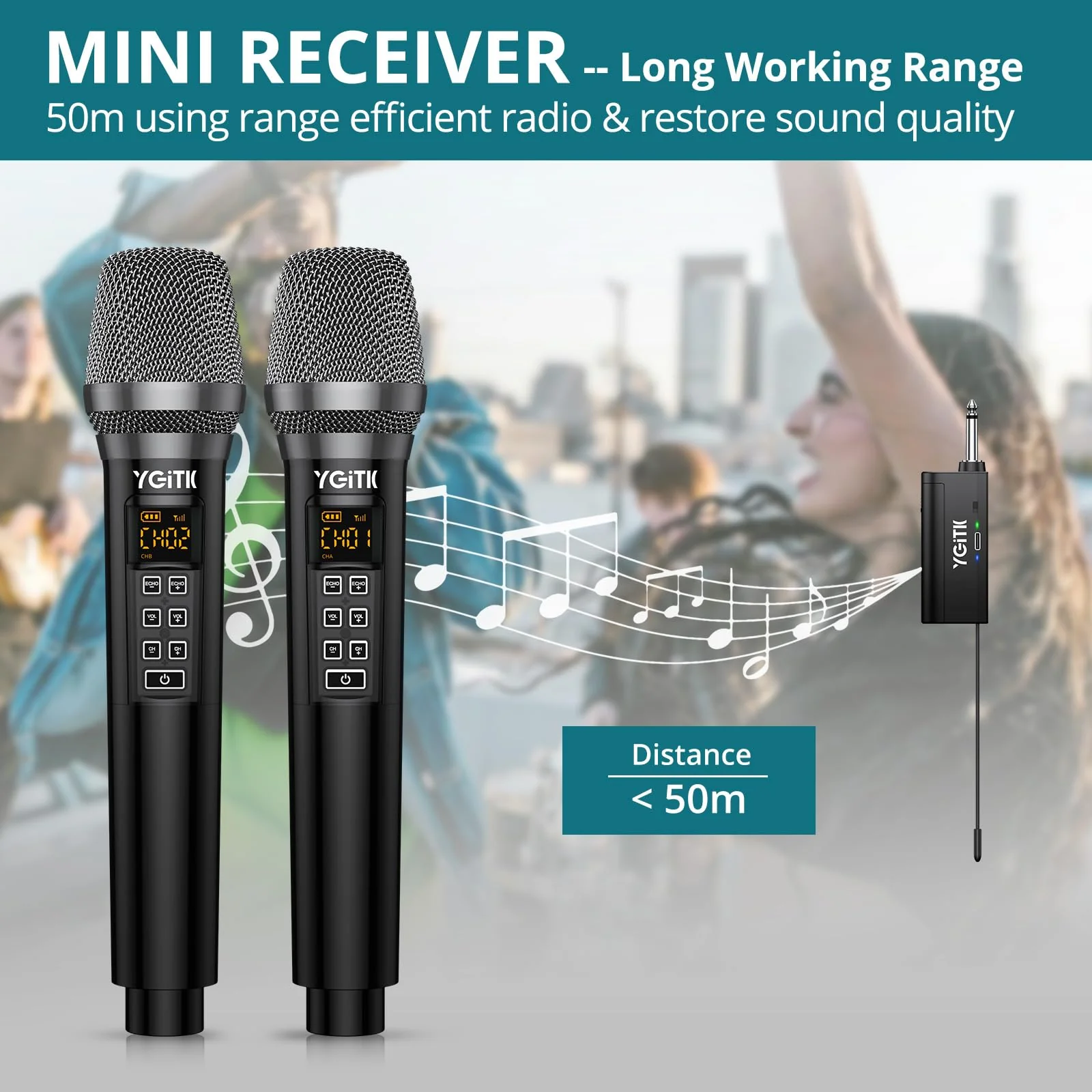 Wireless Microphone, UHF Metal Dual Handheld Cordless Dynamic Mic System with Rechargeable Receiver 2X30 Channels Wireless Microphones System ECHO Adjust 160ft Range for Singing, Wedding - Image 3