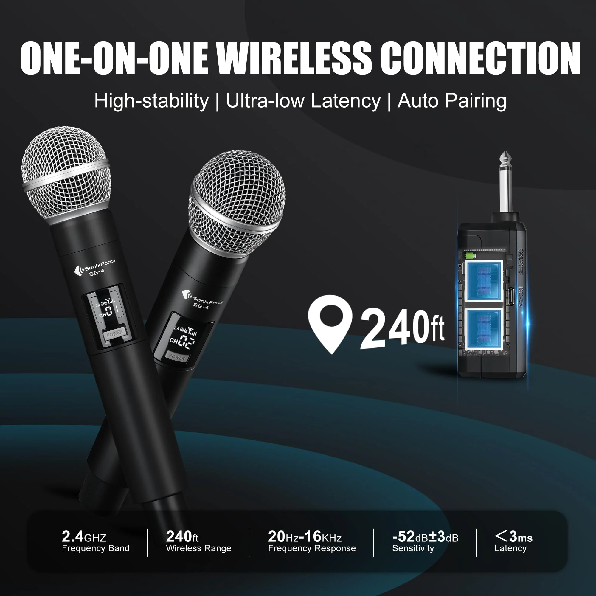 Wireless Microphones - Dual Rechargeable Handheld Mics with Receiver - 240ft Range - Karaoke Microphone for Singing, Speaking, Meeting and Events Silver - Image 4