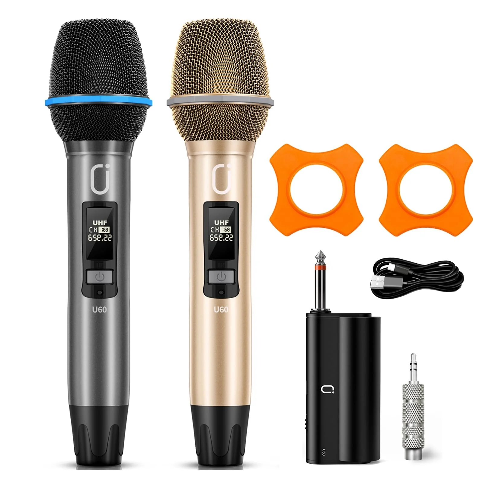 Wireless Microphones for Karaoke: Dual Professional Karaoke Microphone for Singing, Rechargeable Dynamic UHF Mic System with Receiver for Church, Party, Meeting, Speech, PA System, Plug and Play Gold & Gray