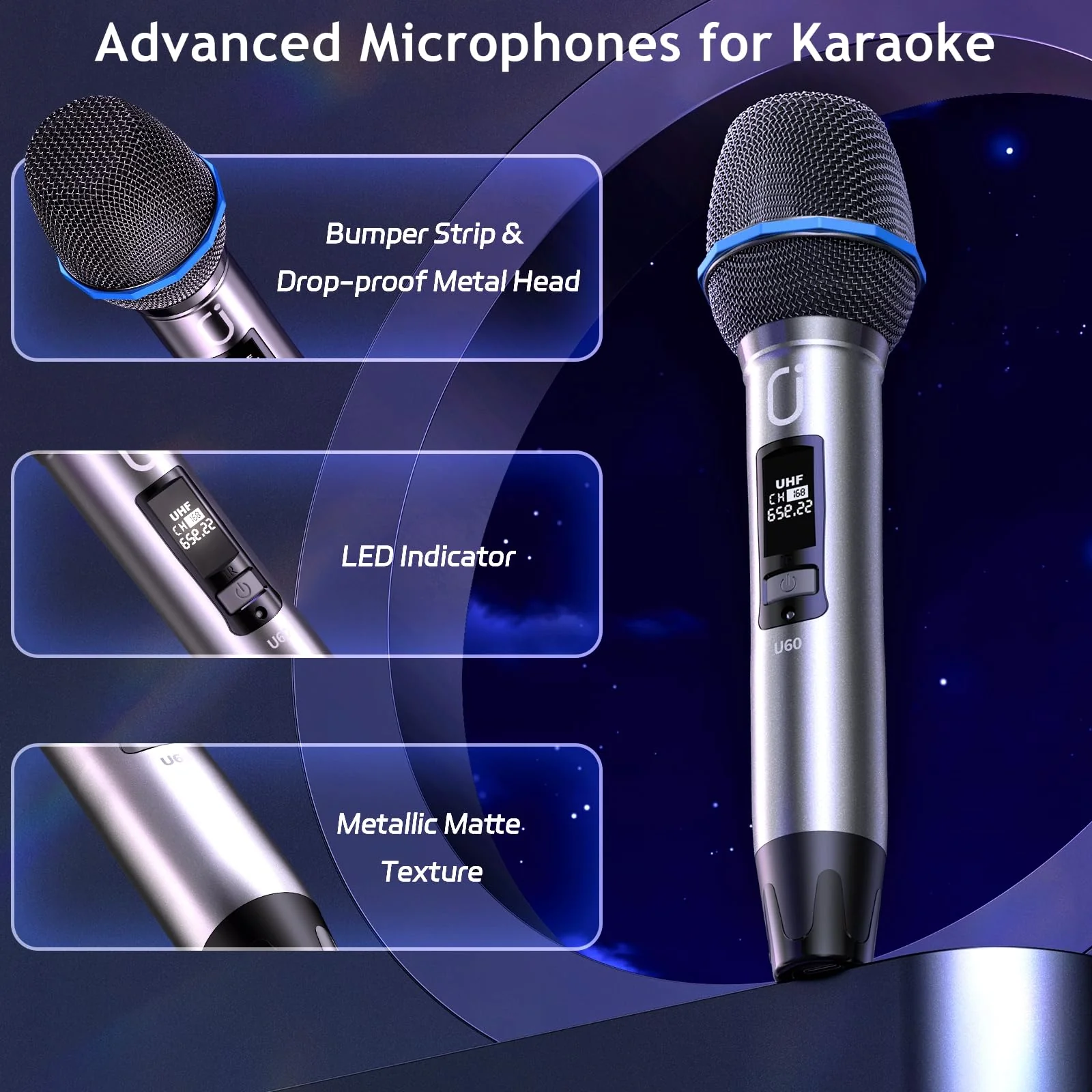Wireless Microphones for Karaoke: Dual Professional Karaoke Microphone for Singing, Rechargeable Dynamic UHF Mic System with Receiver for Church, Party, Meeting, Speech, PA System, Plug and Play Gold & Gray - Image 3