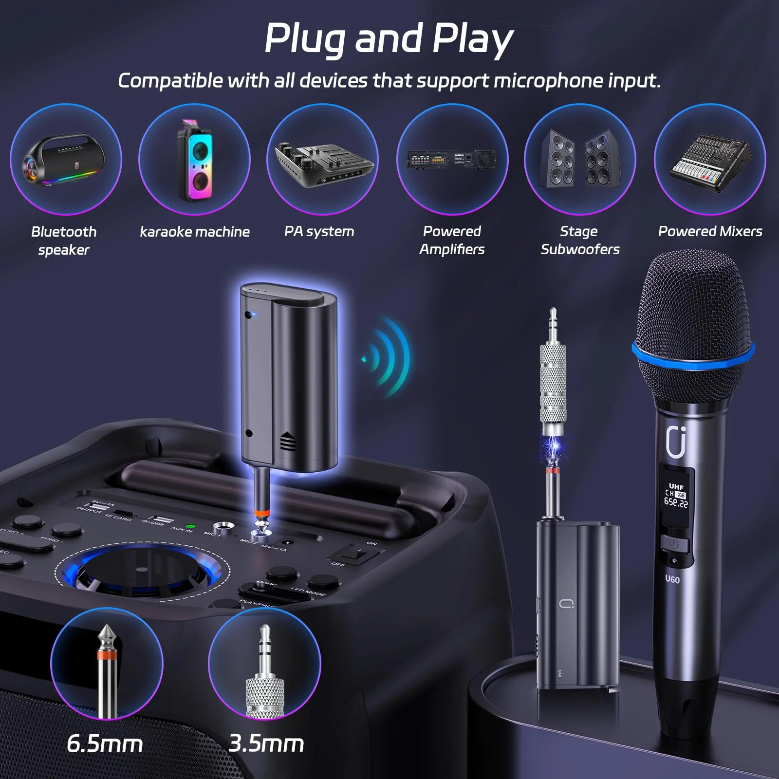 Wireless Microphones for Karaoke: Dual Professional Karaoke Microphone for Singing, Rechargeable Dynamic UHF Mic System with Receiver for Church, Party, Meeting, Speech, PA System, Plug and Play Gold & Gray - Image 5