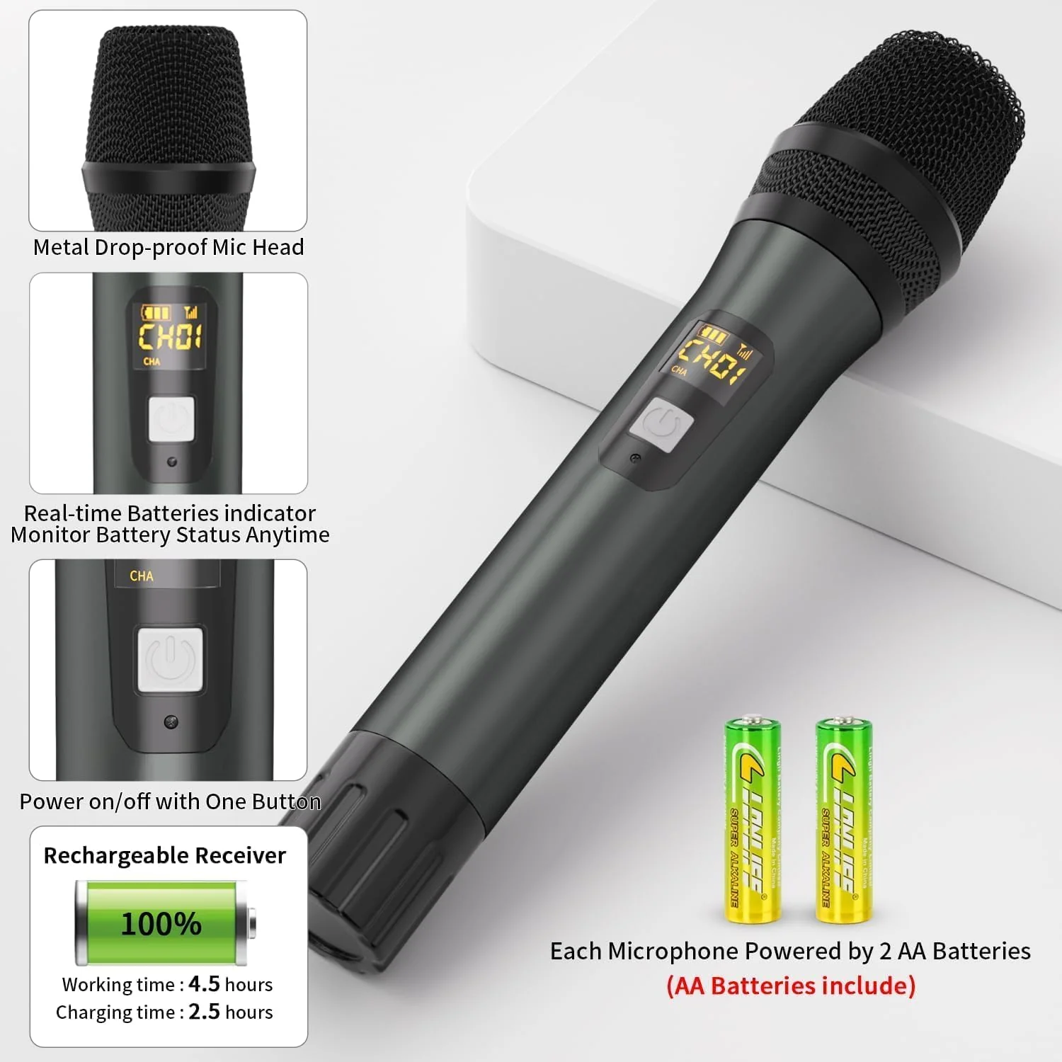 Wireless Microphones, Professional UHF Metal Dual Handheld Cordless Dynamic Mic System with Rechargeable Receiver, 1/4" Output, 160ft Range, Auto Connect for Karaoke, Party Singing, Church, Speech, DJ - Image 5