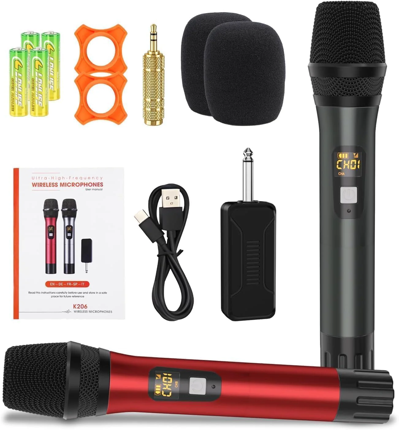 Wireless Microphones, Professional UHF Metal Dual Handheld Cordless Dynamic Mic System with Rechargeable Receiver, 1/4" Output, 160ft Range, Auto Connect for Karaoke, Party Singing, Church, Speech, DJ Red&Gray - Image 7
