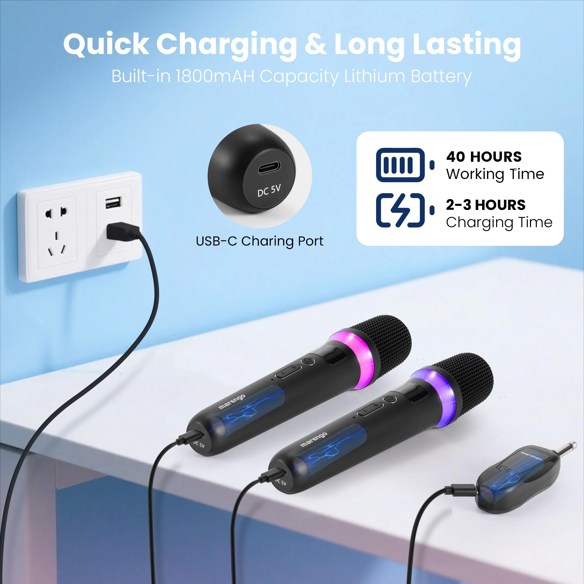 Wireless Microphones, Rechargeable Cordless Karaoke Microphone with One-to-One Chip Connection, LED Lights, 40H Duration, 200FT, Handheld Bluetooth Microphone Wireless for Singing,Speech,Church,Party - Image 5
