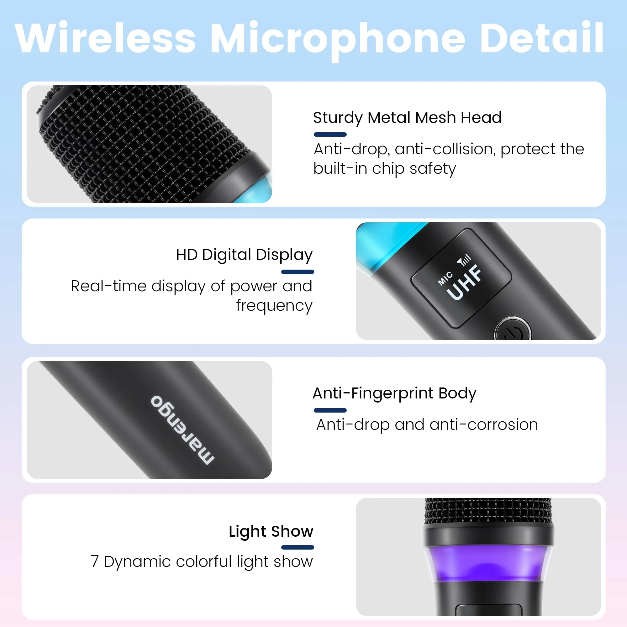Wireless Microphones, Rechargeable Cordless Karaoke Microphone with One-to-One Chip Connection, LED Lights, 40H Duration, 200FT, Handheld Bluetooth Microphone Wireless for Singing,Speech,Church,Party - Image 7