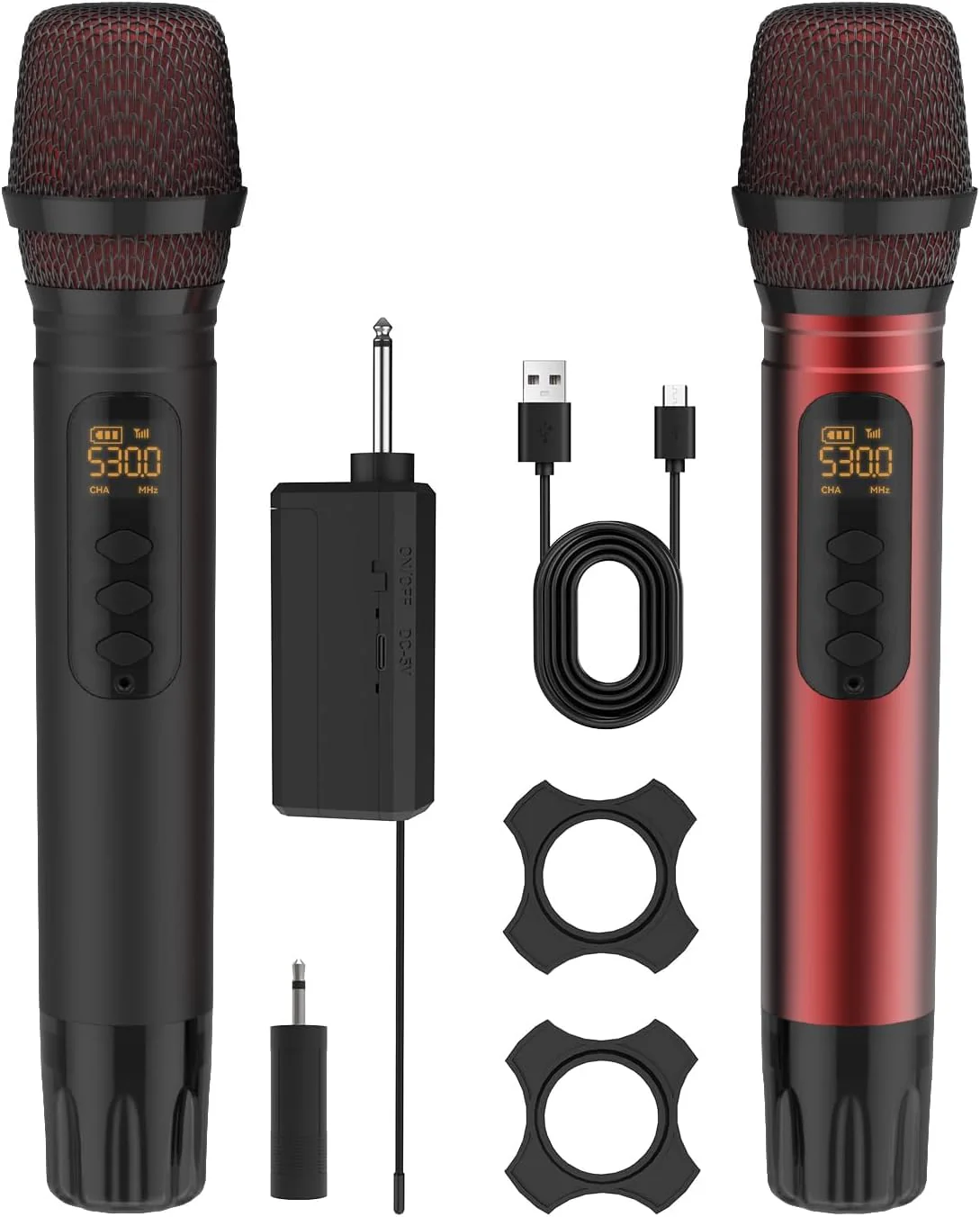 Wireless Microphones, UHF Metal Dual Handheld Cordless Dynamic Karaoke Microphone Wireless, 1/4 "Output for Rechargeable Wireless Microphone, Wedding, Party,DJ, Church, Speech,Class Use, 240ft