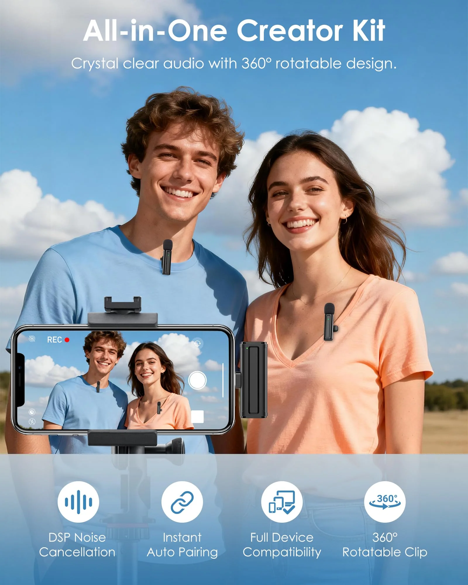 Wireless Mini Microphone for iPhone, iPad, Android, 2 Pack Lavalier Mic with 360° Rotatable Clip, Plug and Play Noise Reduction USB-C Mic for Video Recording YouTube TikTok Podcast Content Creators Black - Image 2