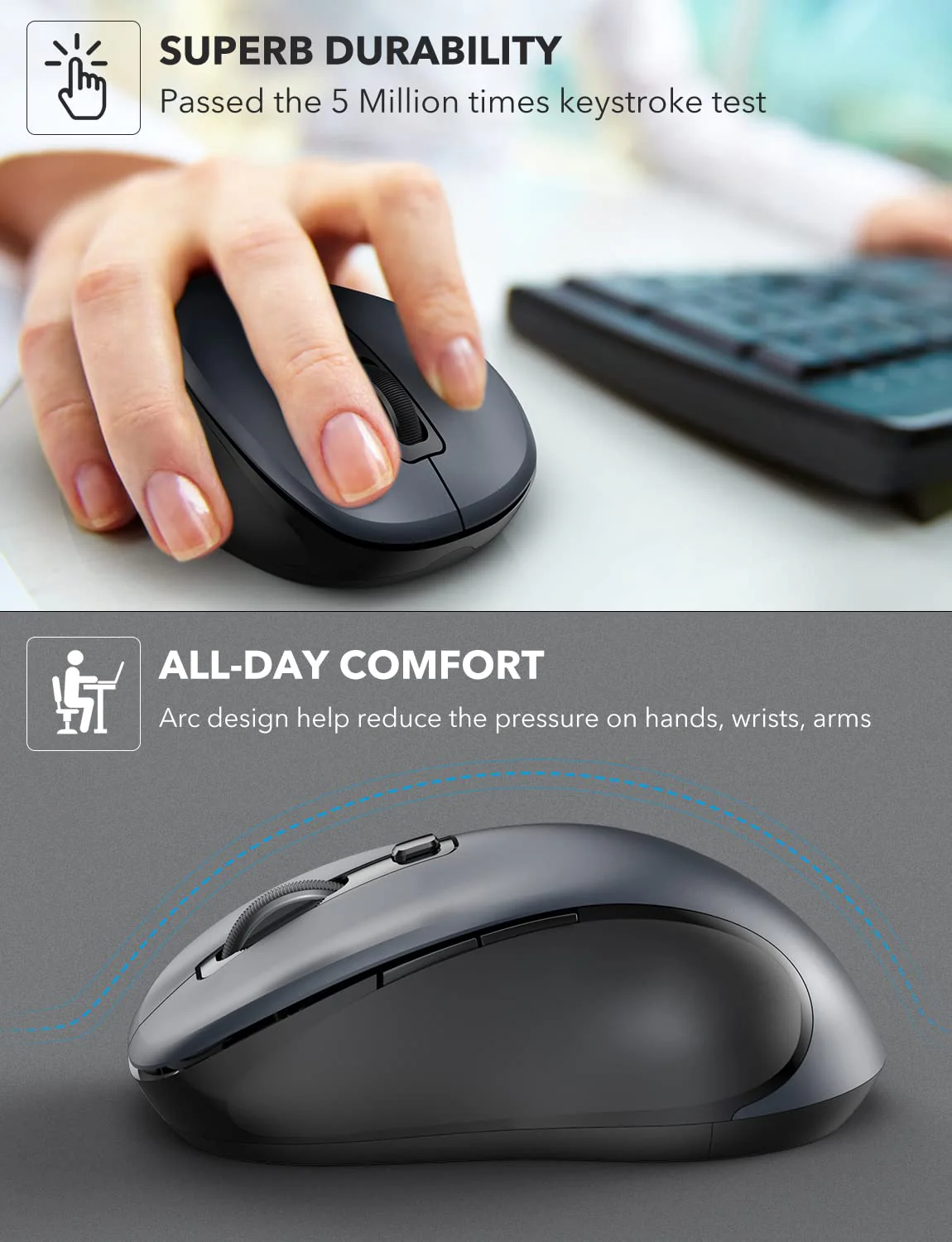 Wireless Mouse for Laptop, Trueque 2.4G Ergonomic Computer Mouse with 3 Adjustable DPI Levels, Page Up & Down Buttons, USB Mouse for Chromebook, PC, Desktop, Notebook, MacBook (Grey) Grey - Image 3