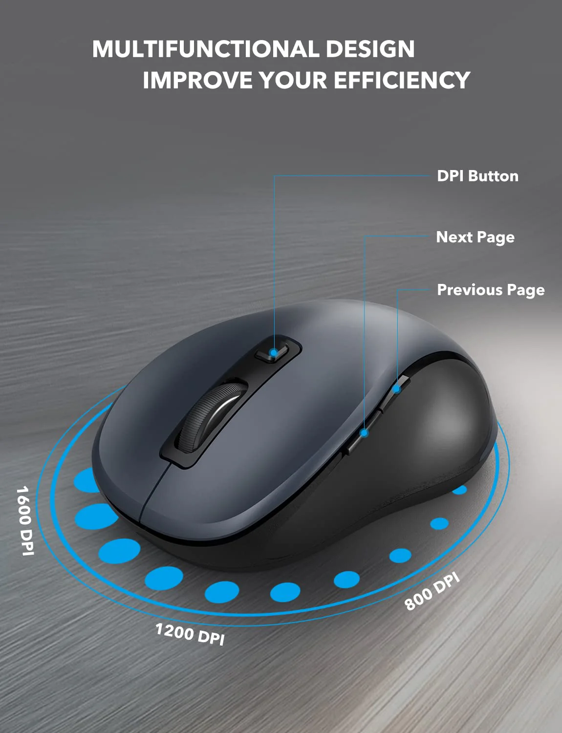Wireless Mouse for Laptop, Trueque 2.4G Ergonomic Computer Mouse with 3 Adjustable DPI Levels, Page Up & Down Buttons, USB Mouse for Chromebook, PC, Desktop, Notebook, MacBook (Grey) Grey - Image 4