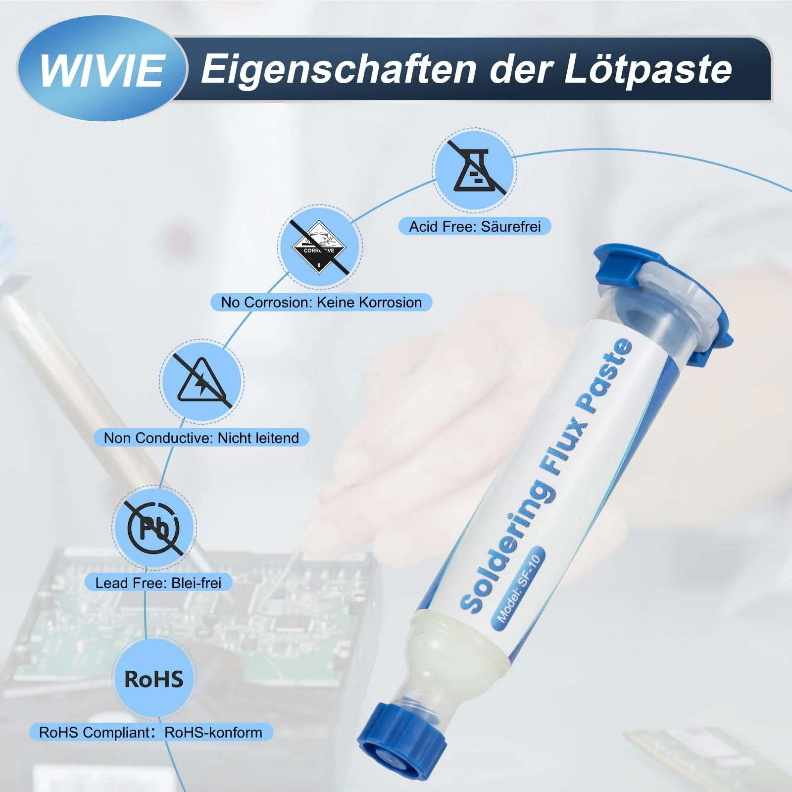 WIVIE Lead-free no-clean solder paste flux (3 packs) & 2.5 mm soldering desoldering wire, 3 m / 10 ft desoldering wire, pure copper desoldering wire for soldering removal (2 pieces) 3 Solder Paste and 2 Desoldering Wires - Image 3
