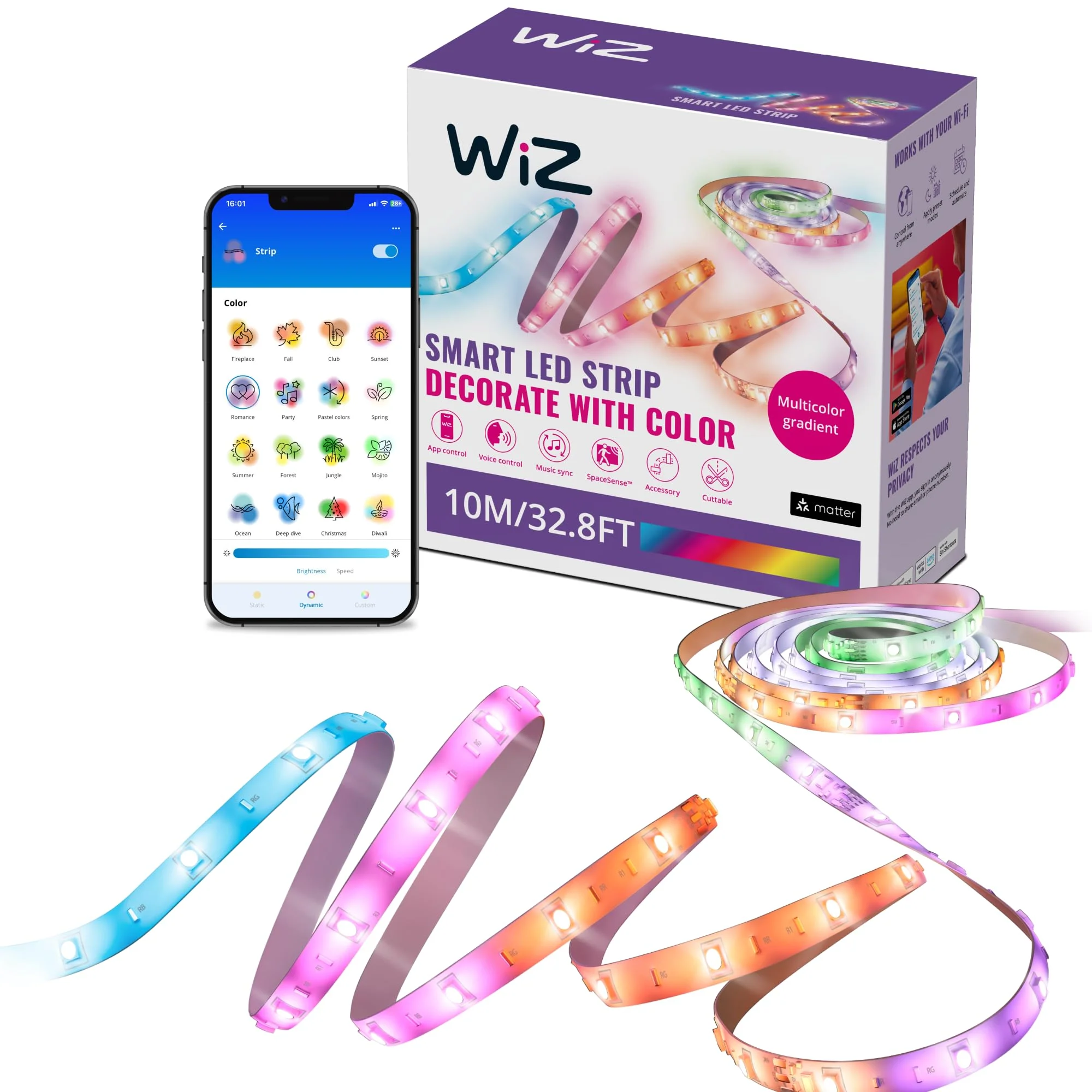WiZ Connected 32.8 ft LED Light Strip For Your Smart Home - Flowing Multicolor LED, Color-Changing, Cuttable - Voice/App Control - Works with Google Home, Alexa & HomeKit RGBIC