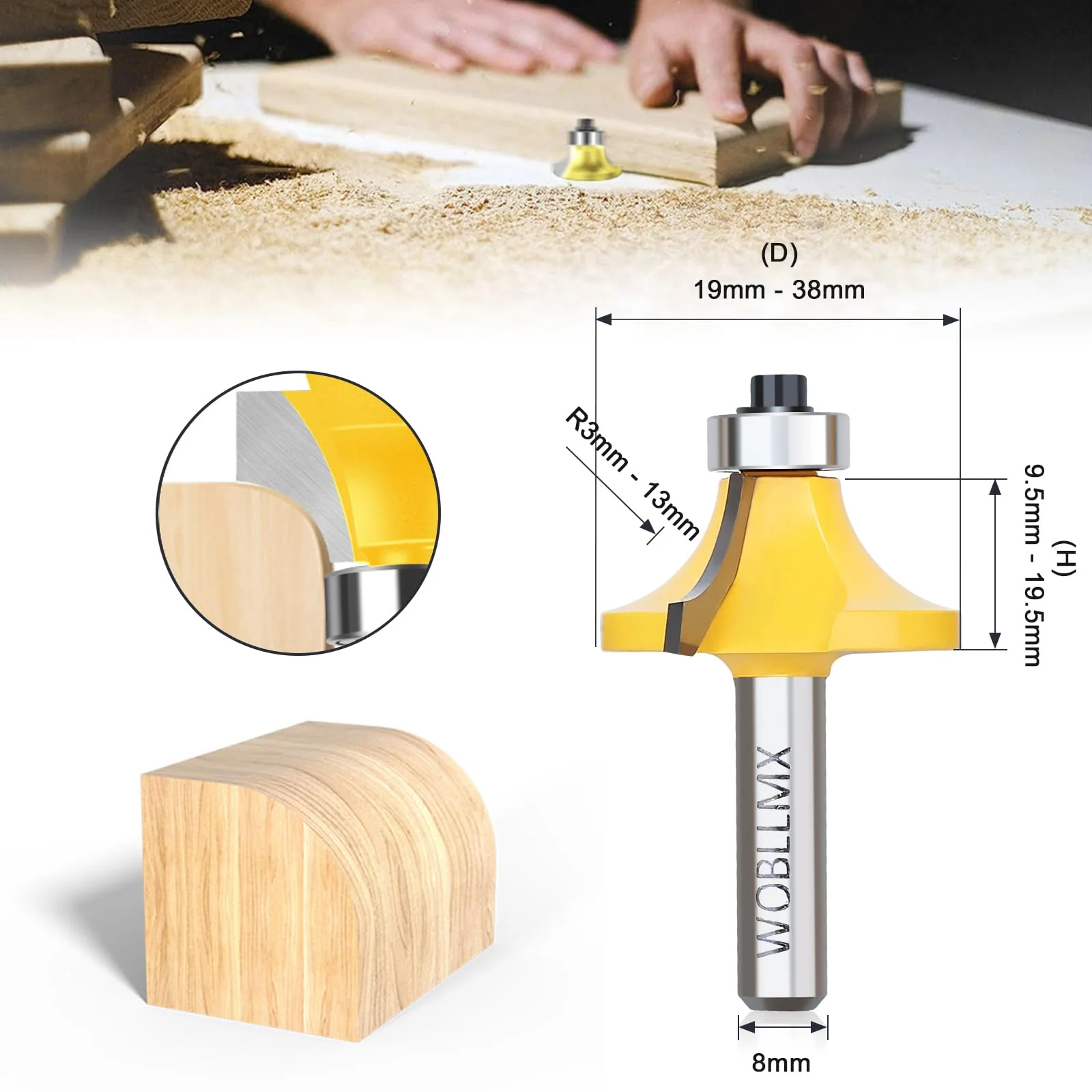 WOBLLMX 8 mm Shank Rounding Cutter, Radius 12.7 mm, with Ball Bearing Top Carbide Blade Handy Durable and Sharp for Woodworking DIY at Home R-13mm 8 mm shaft - Image 2
