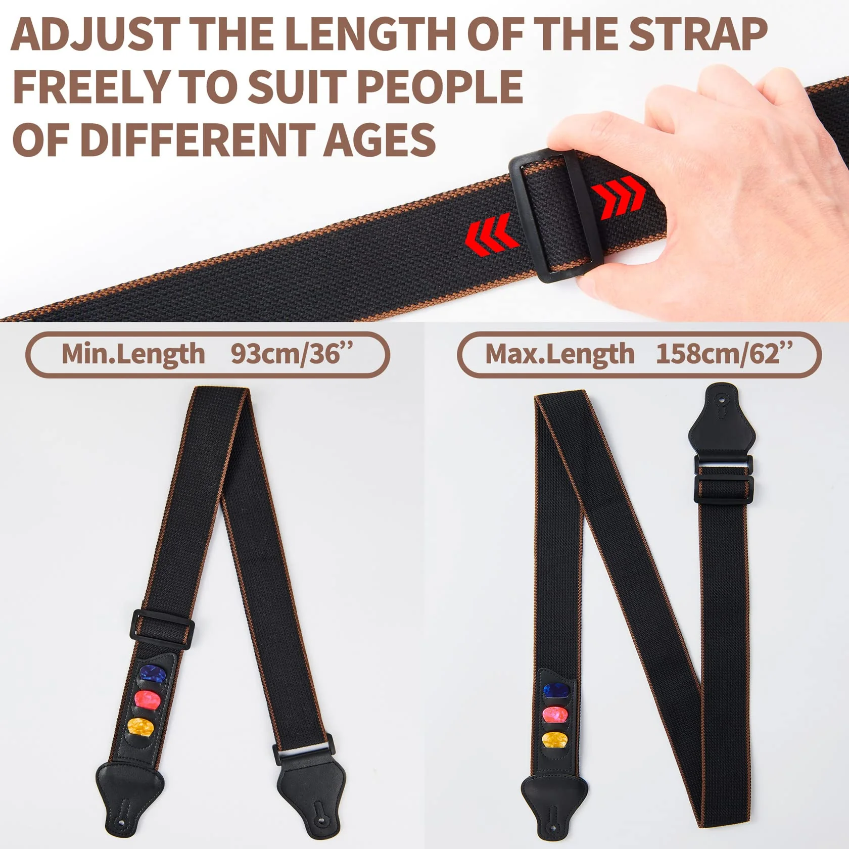 WOGOD Guitar Strap - Acoustic Electric Guitar Straps,Bass Guitar Strap with 3 Guitar Picks Holder Ends Guitar Strap With3 Pick Holder-black - Image 5