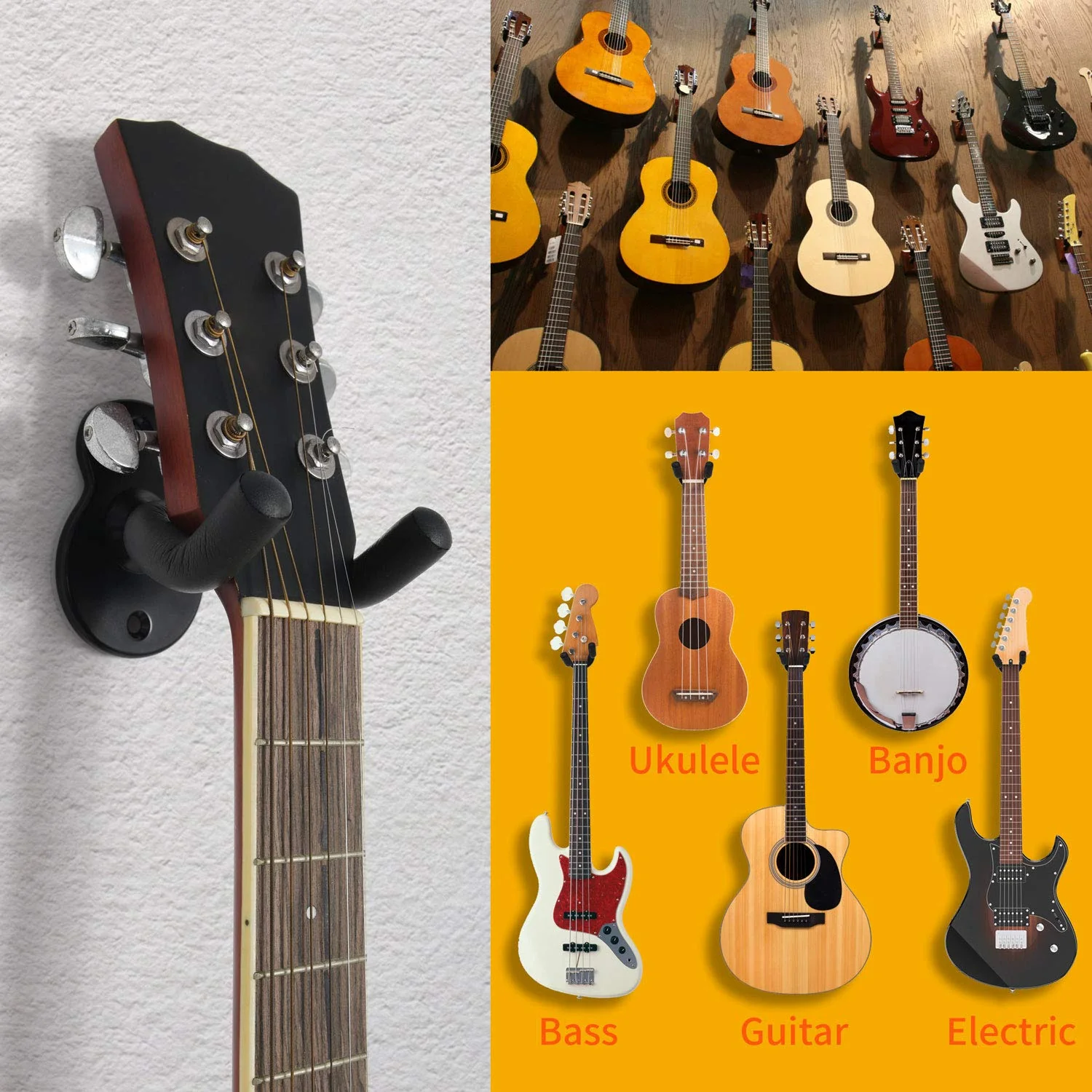 WOGOD Guitar Wall Mount Hanger Hook Holder Stand 5 Pack Guitar Hangers for Ukulele Acoustic Electric and Bass(Guitar Style Black - 5 Pack) - Image 2