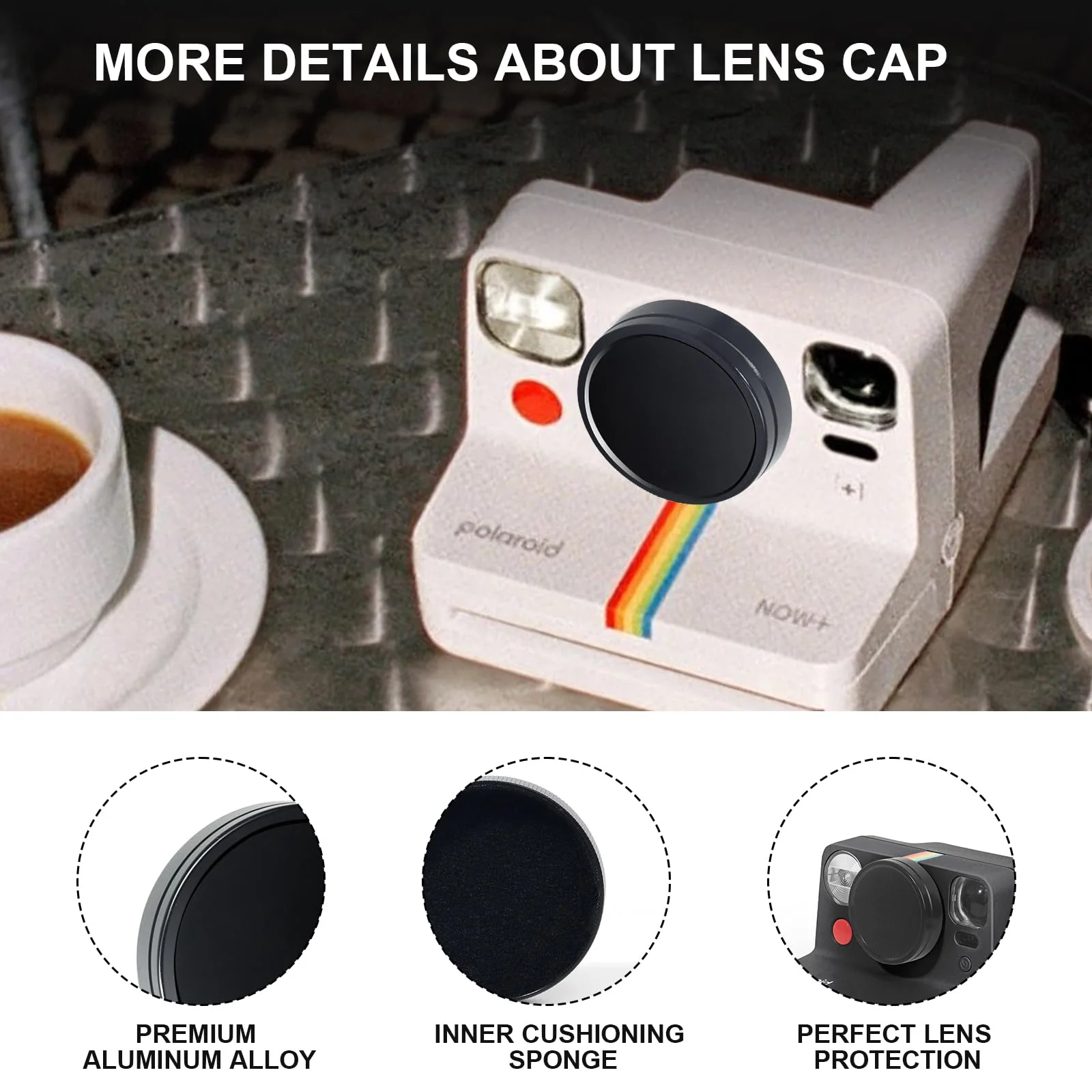 WOGOZAN Lens Cap for Polaroid Now Gen 3, Now+ Gen 2/3rd Instant Camera, Lens Cover for Polaroid, Aluminum Alloy Lens Cap & Inner Cushioning Sponge with Storage Bag (No Camera) - Black - Image 3