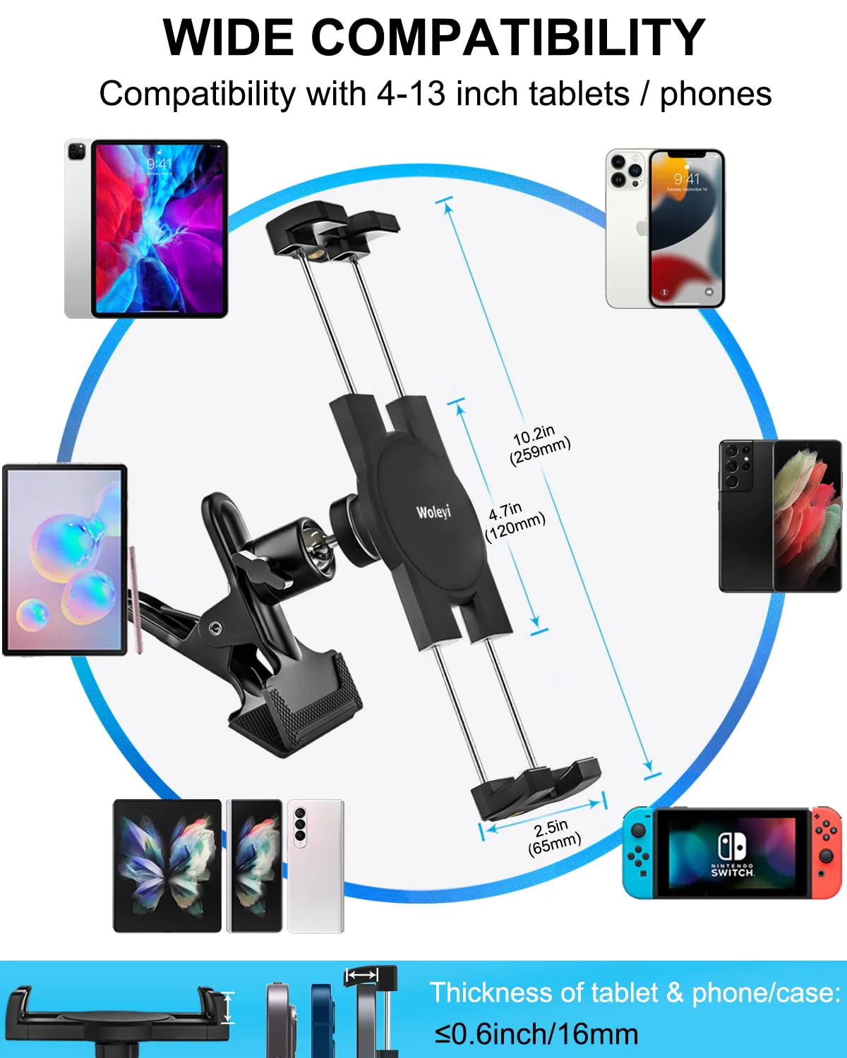 woleyi Sun Visor Car Tablet Holder, Visor Clip Tablet Mount for Car, 360° Rotation Universal Steering Wheel Tablet Clamp with 1/4'' Screw for iPad Pro Air Mini, Phone, Switch, 4.7-13" Devices/Camera - Image 6