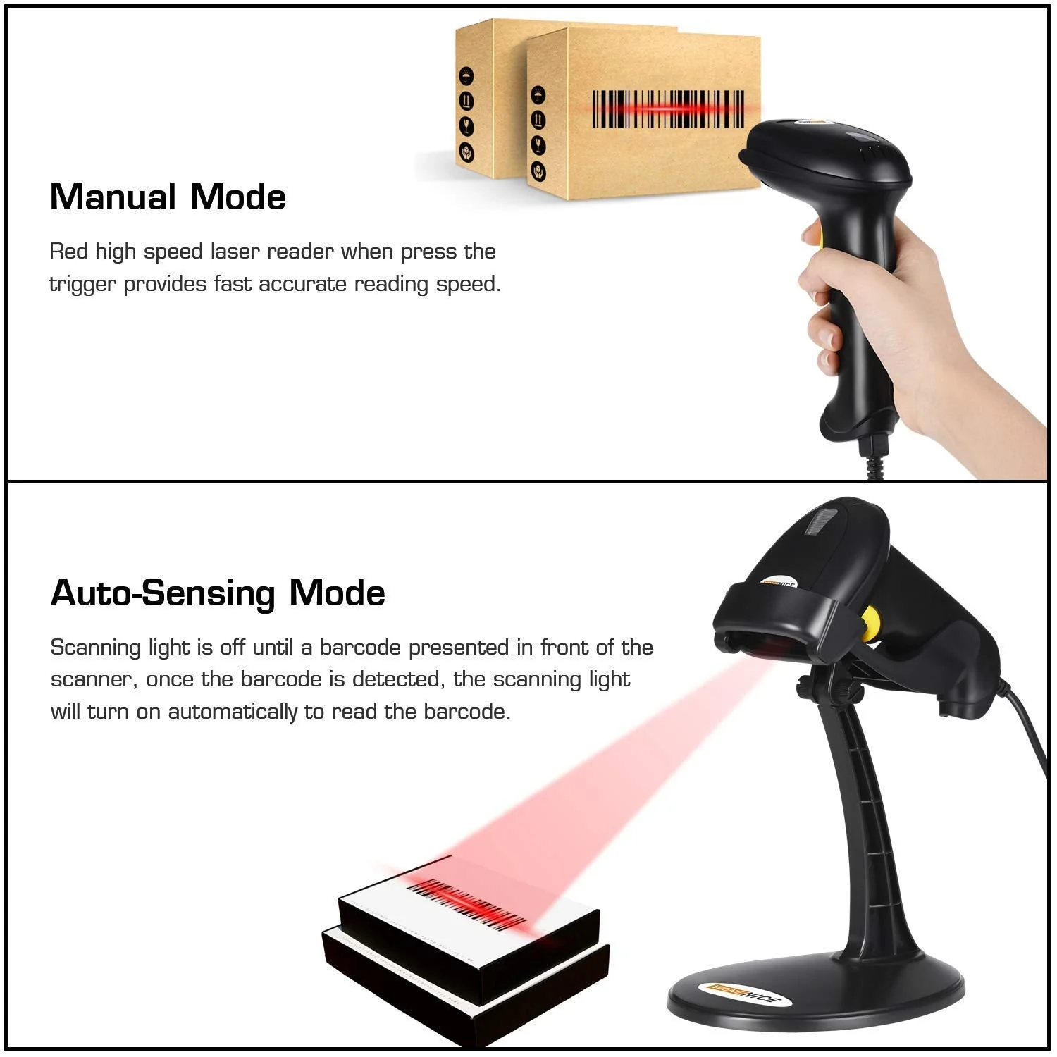 WoneNice Barcode Scanner USB Laser Wired Handheld Bar Code Scanner Reader with Stand, Black - Image 6