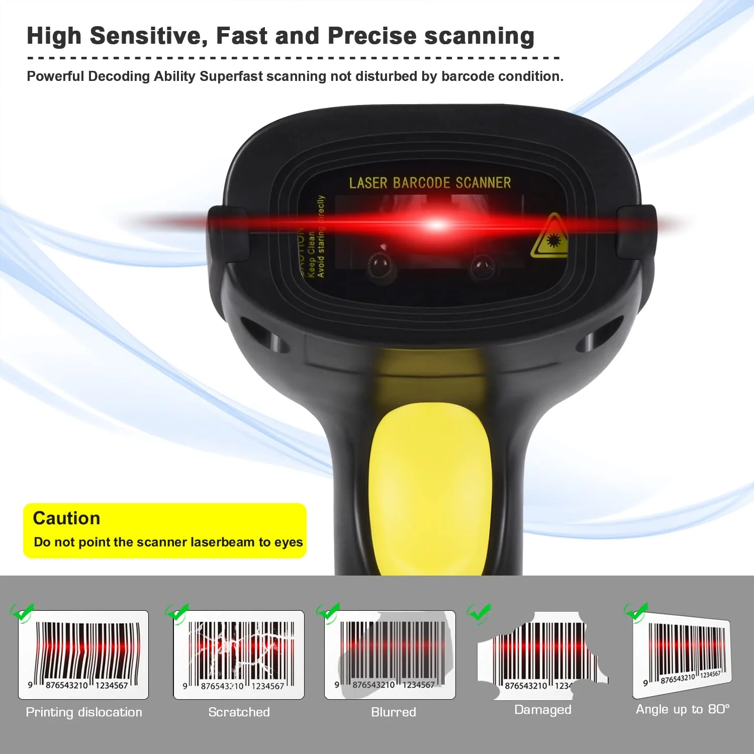 WoneNice Barcode Scanner USB Laser Wired Handheld Bar Code Scanner Reader with Stand, Black - Image 7