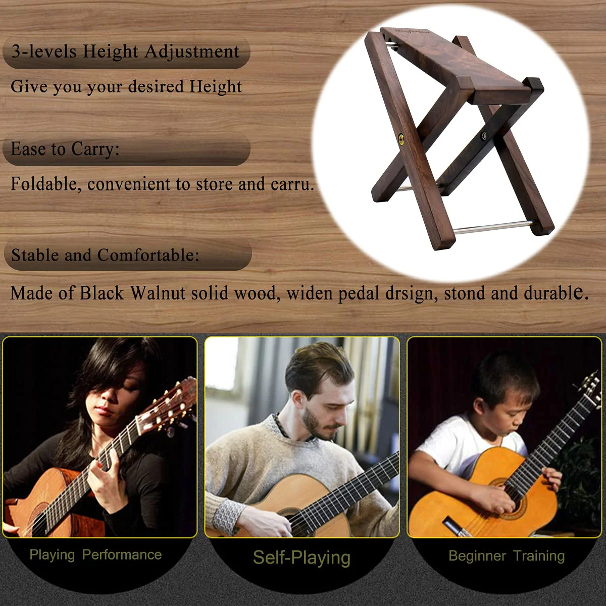 Wood Guitar Footstool, 3-Position Height Adjustable Guitar Foot Rest/Solid Wood Folding Footstool,Pedal Black Walnut (Guitar Pedal Black Walnut) Guitar Pedal Black Walnut - Image 3