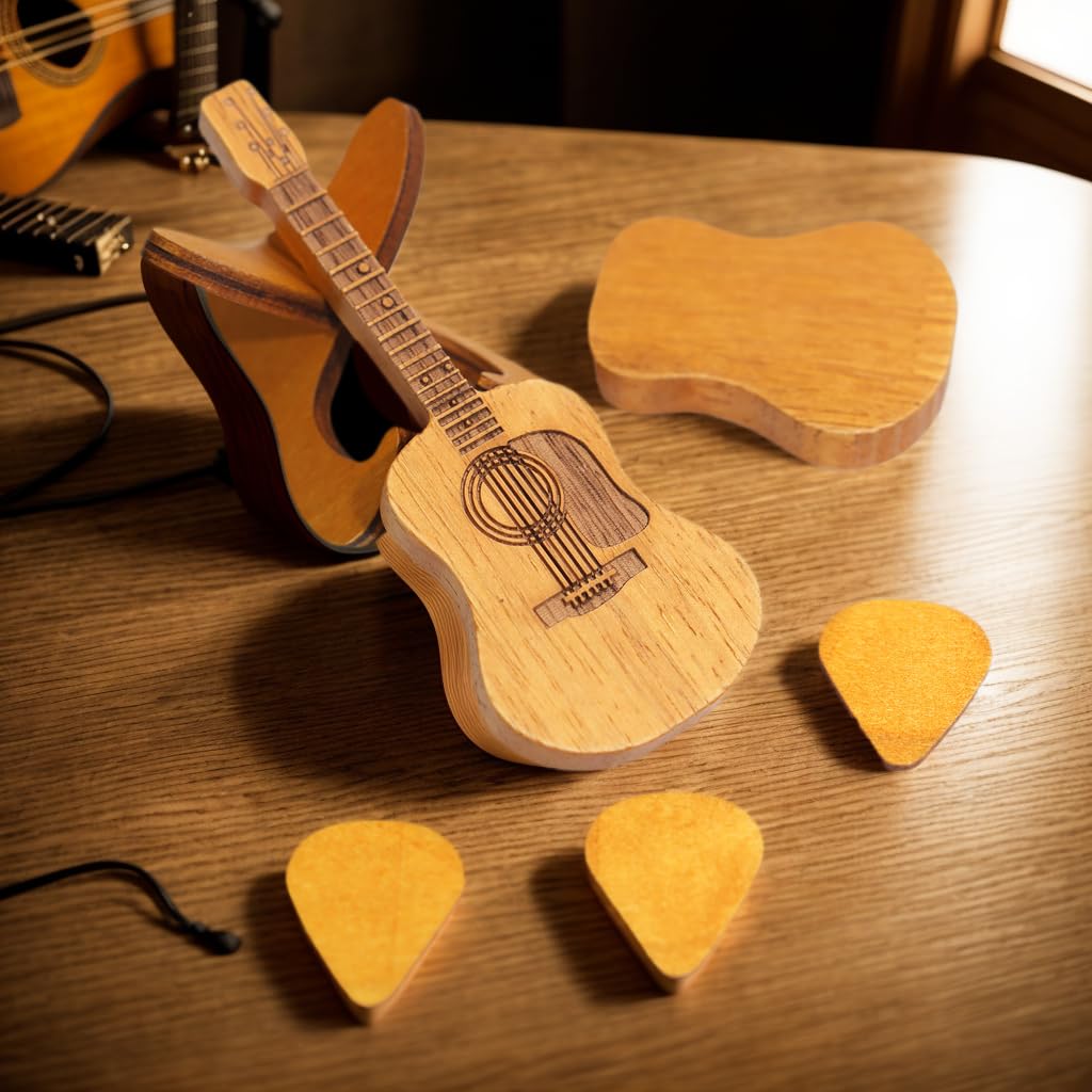 Wooden guitar pick case, with stand, wooden acoustic guitar pick box,3 wooden guitar picks, guitar shape replica guitar pick case, suitable for bass guitar ukulele lovers guitar pick case. - Image 2