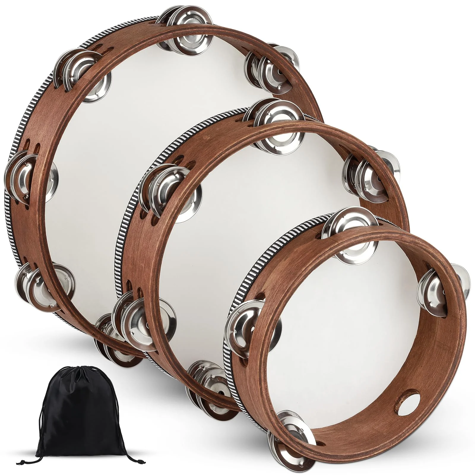 Wooden Hand Held Percussion Tambourine with Storage Bag - 6+8+10 Inches, Ideal for Church, Wedding, Party, Dance, Photo Shoot 6"+8"+10"