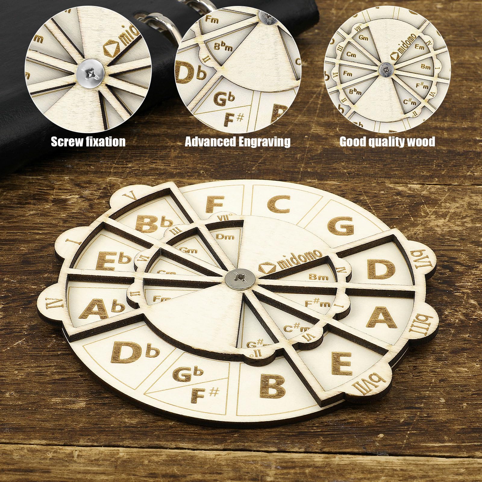 Wooden Melody Tool, 4.8 Inch Wooden Chord Wheel Circle of Fifths Wheel Round Melody Chord Tool Wooden Musical Educational Tool for Piano Violin Guitar Bass - Image 3