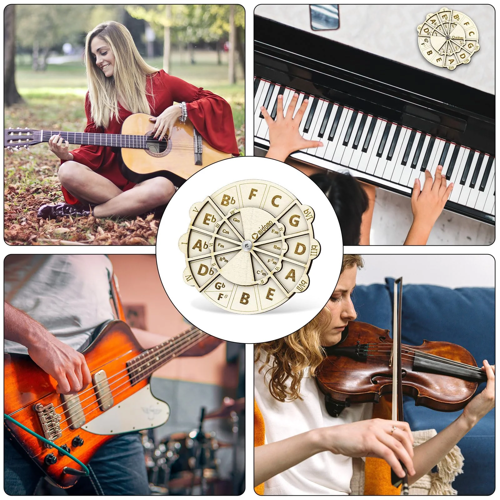 Wooden Melody Tool, 4.8 Inch Wooden Chord Wheel Circle of Fifths Wheel Round Melody Chord Tool Wooden Musical Educational Tool for Piano Violin Guitar Bass - Image 7