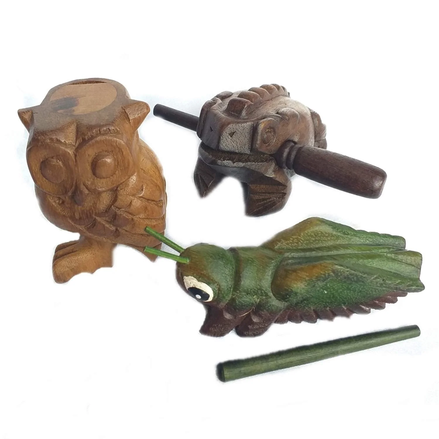 Wooden Percussion Frog, Cricket and Owl Set 3 Musical Instrument Products From Thailand Home Office Decoration Nice Gift (Small) Small