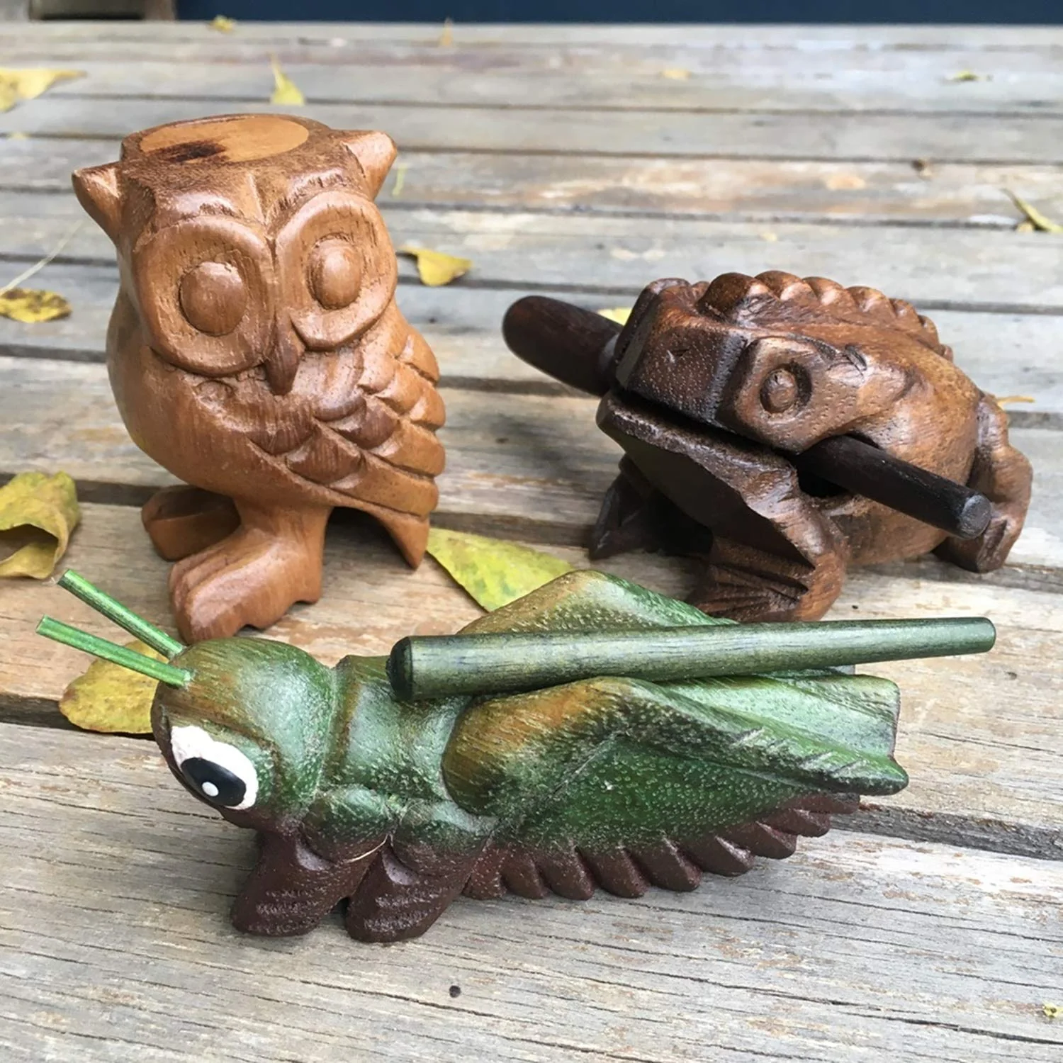 Wooden Percussion Frog, Cricket and Owl Set 3 Musical Instrument Products From Thailand Home Office Decoration Nice Gift (Small) Small - Image 2