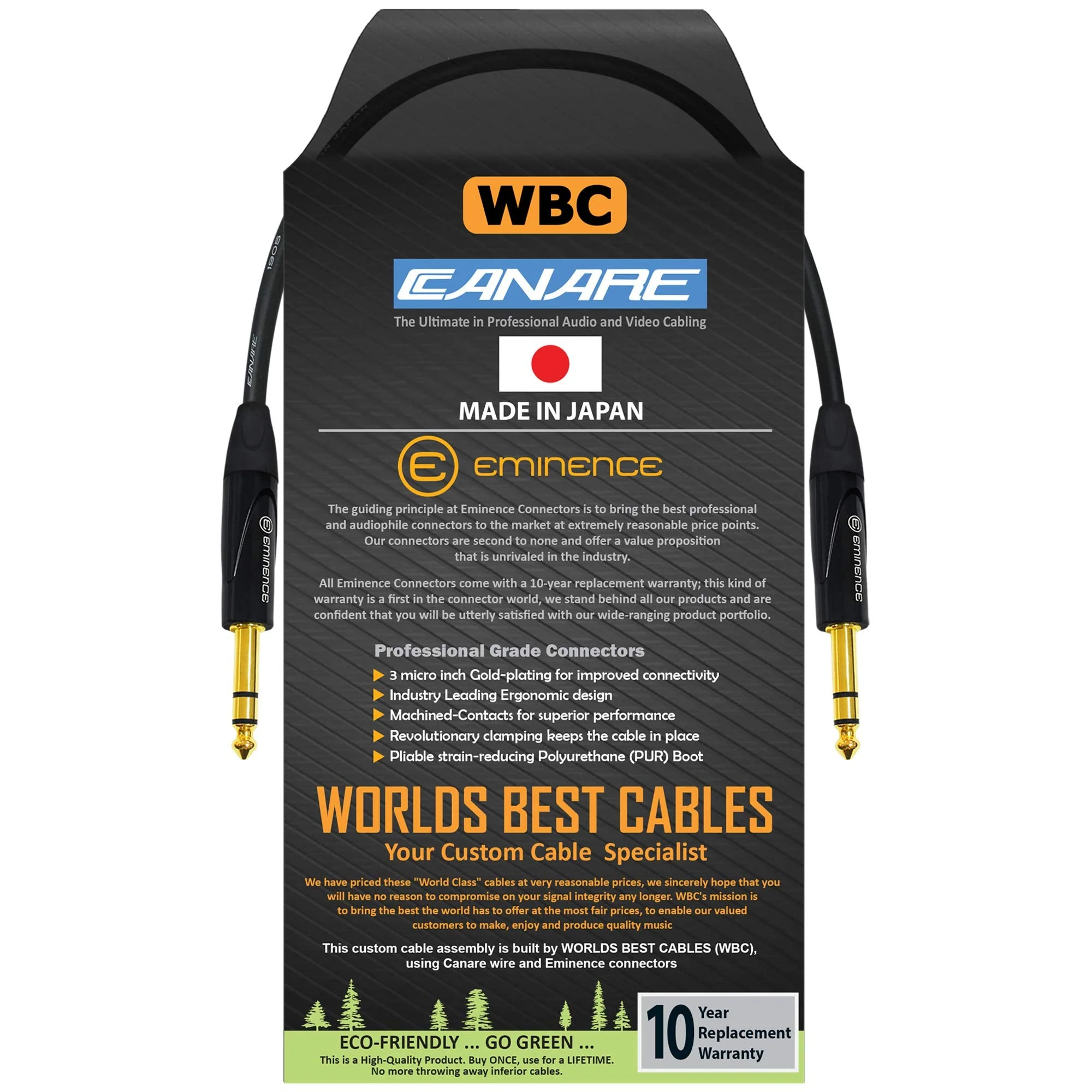 WORLDS BEST CABLES 1.5 Foot - Canare L-4E6S, Star Quad Balanced TRS Patch Cable with Eminence Gold E502 TRS Stereo Plugs - Custom Made