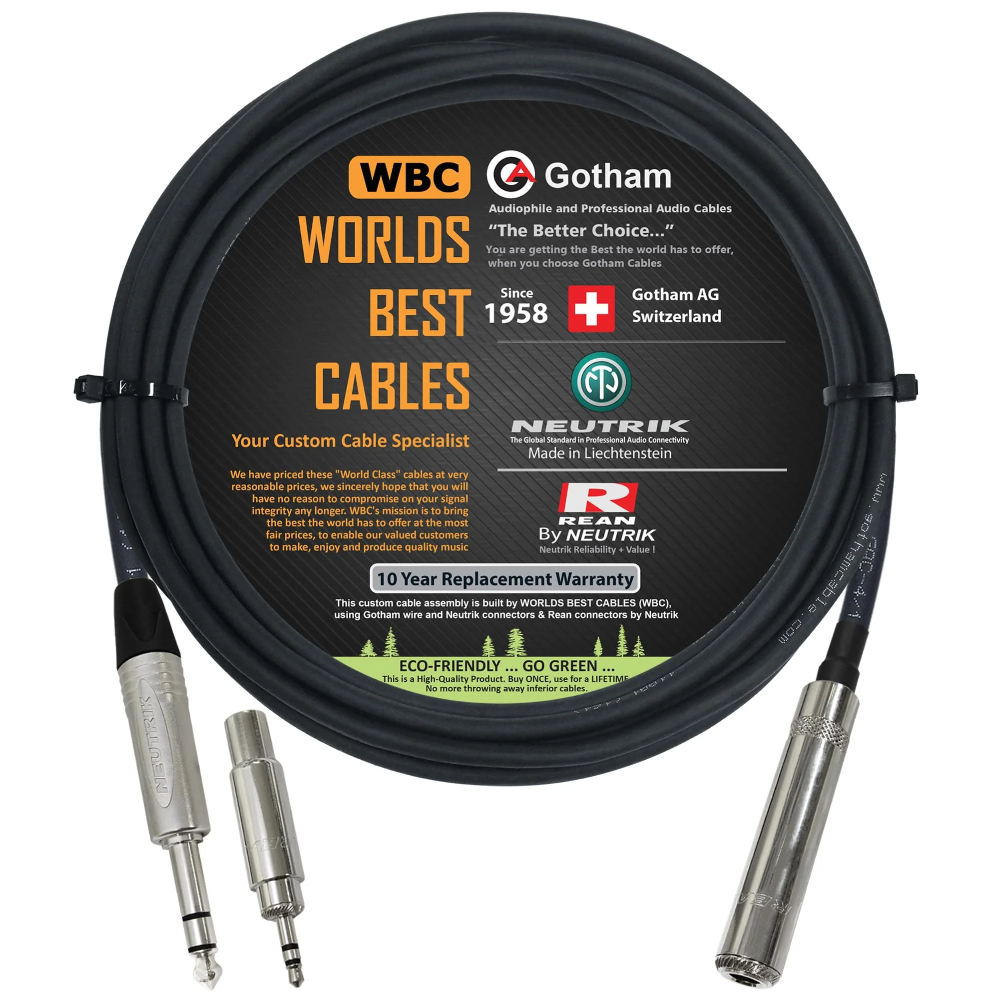 WORLDS BEST CABLES 10 Foot - Gotham GAC-4/1 Star-Quad Stereo Headphone Extension Cable & Neutrik TRS Plug to Neutrik-Rean ΒΌ inch 3-Pole Jack + 3.5 mm Plug to ΒΌ inch Jack Adapter - Custom Made