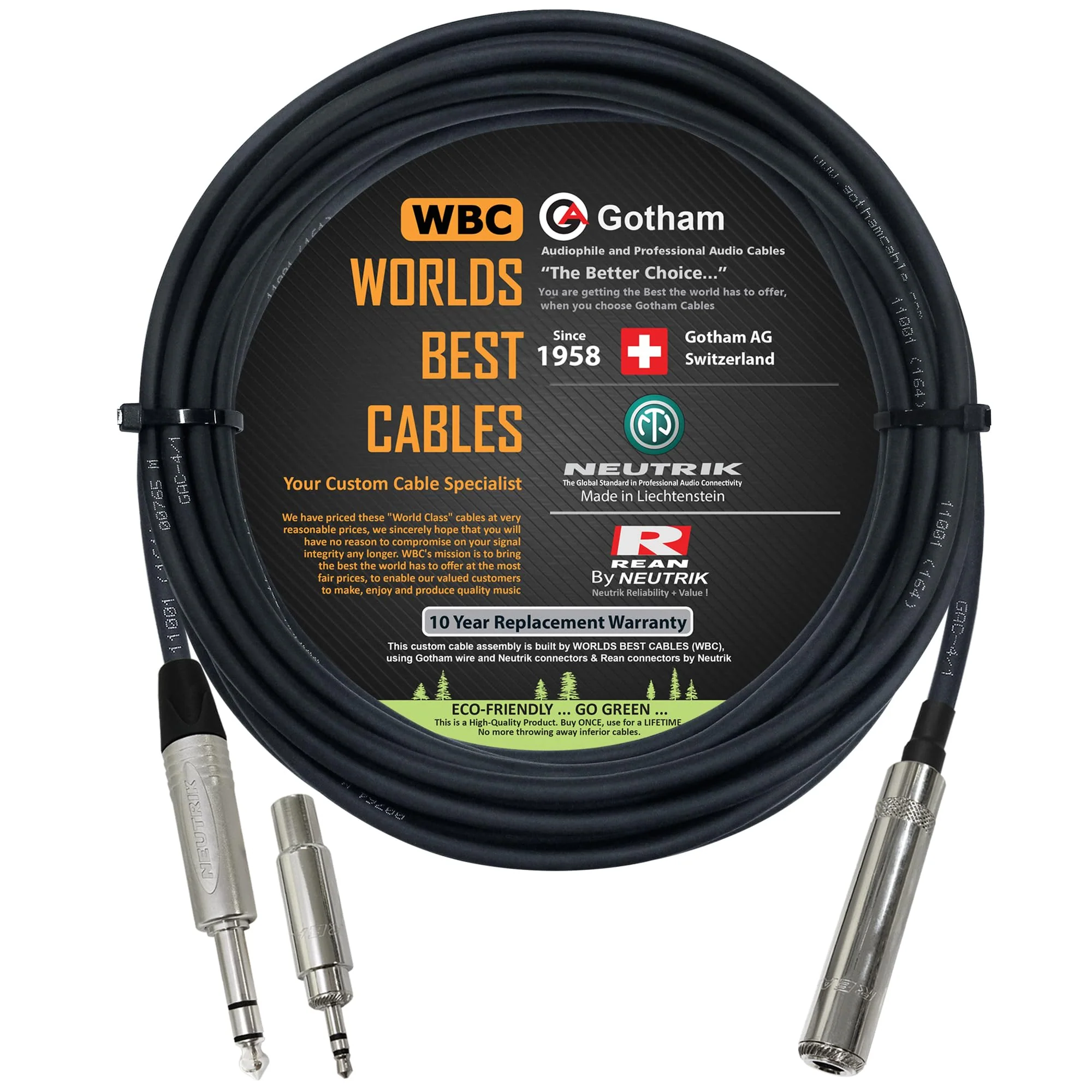 WORLDS BEST CABLES - 20 Foot - Gotham GAC-4/1 Star-Quad Stereo Headphone Extension Cable & Neutrik TRS Plug to Neutrik-Rean ΒΌ inch 3-Pole Jack + 3.5 mm Plug to ΒΌ inch Jack Adapter - Custom Made