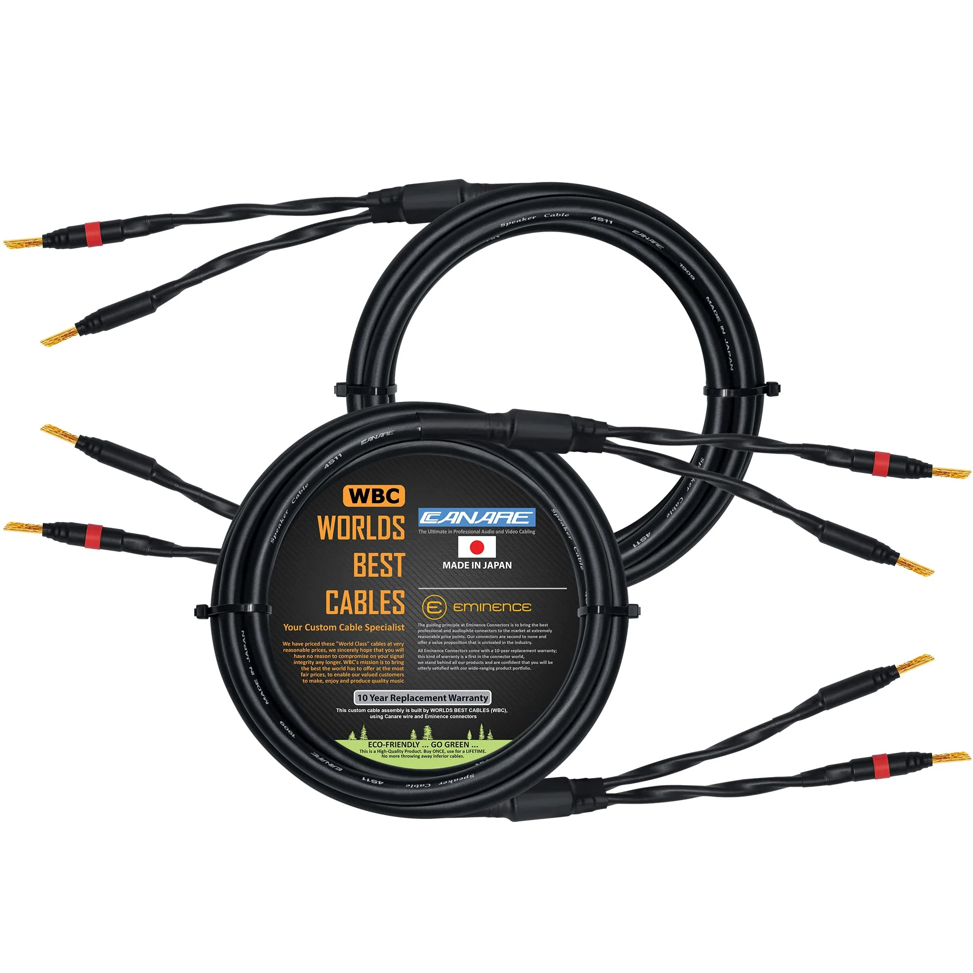 WORLDS BEST CABLES 3 Foot - Canare 4S11 – Audiophile Grade - HiFi Star-Quad Speaker Cable Pair with Eminence Gold Banana Connectors