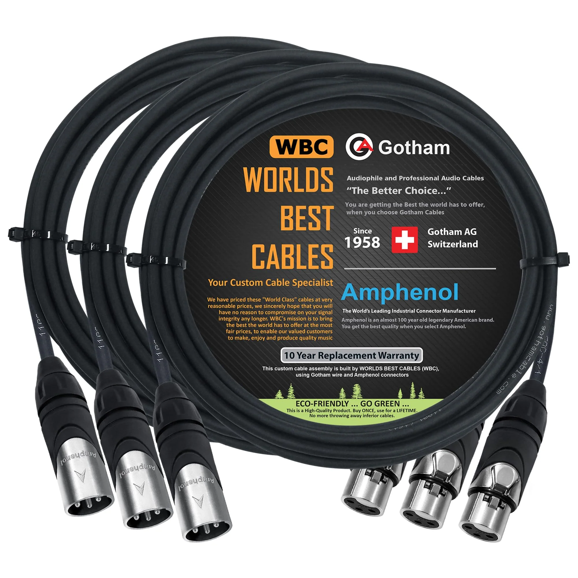 WORLDS BEST CABLES 3 Units - 15 Foot - Gotham GAC-4/1 (Black) - Star Quad, Dual Shielded Balanced Male to Female Microphone Cables with Amphenol AX3M & AX3F Silver XLR Connectors - Custom Made