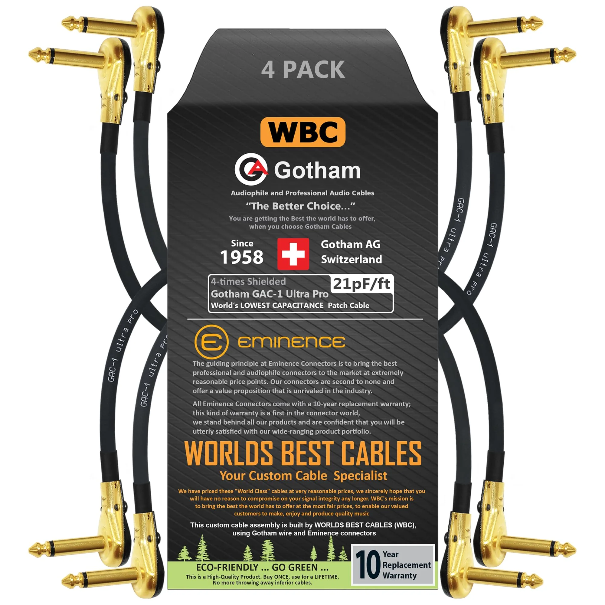 WORLDS BEST CABLES 4 Units - 12 Inch - Gotham GAC-1 Ultra Pro - Low-Cap (21pF/ft) Guitar Bass Effects Instrument, Patch Cable & Gold (6.35mm) Low-Profile R/A Pancake Type Connectors - Custom Made